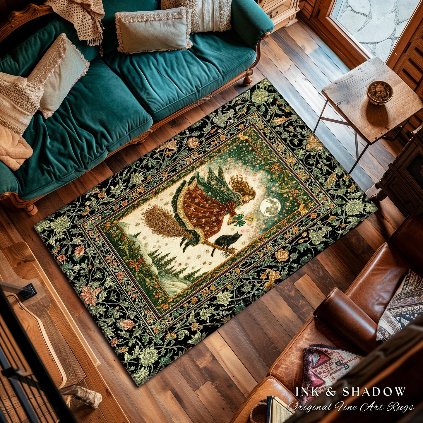 Holiday Witch Black Cat Area Rug | Nostalgic Halloween Enchanted Cottagecore Decor Mystic Aesthetic Winter Bedroom Accent Gothic Elegance |