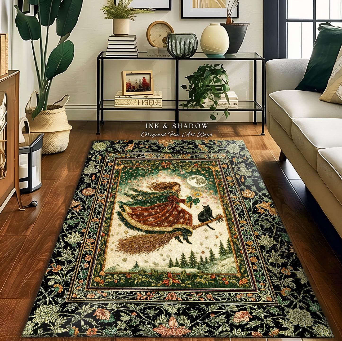 Holiday Witch Black Cat Area Rug | Nostalgic Halloween Enchanted Cottagecore Decor Mystic Aesthetic Winter Bedroom Accent Gothic Elegance |