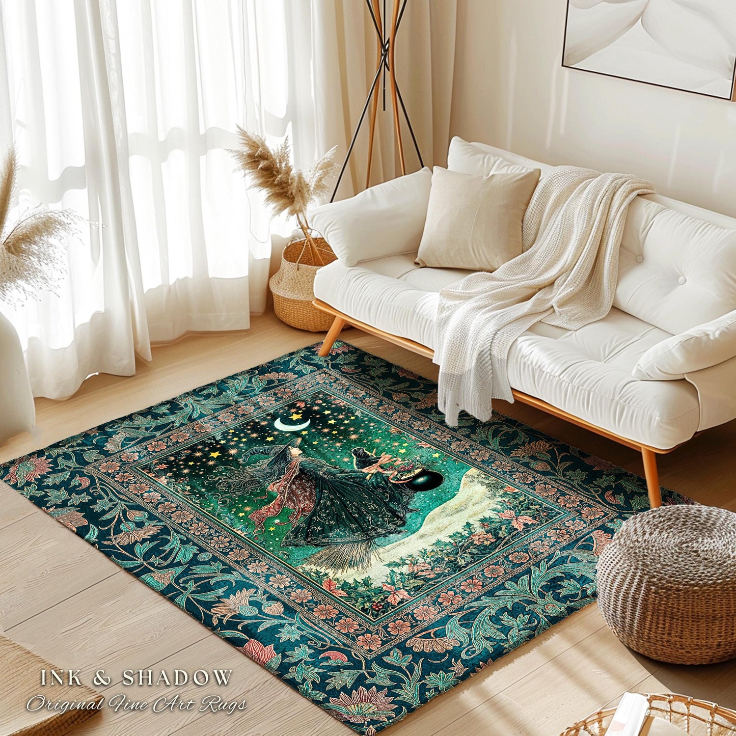 Magic Landscape Winter Witch Rug | Moonlit Ethereal Witchy Bedroom Accent Gothic Decor Moon Black Cat Whimsical Folklore Cottagecore Style