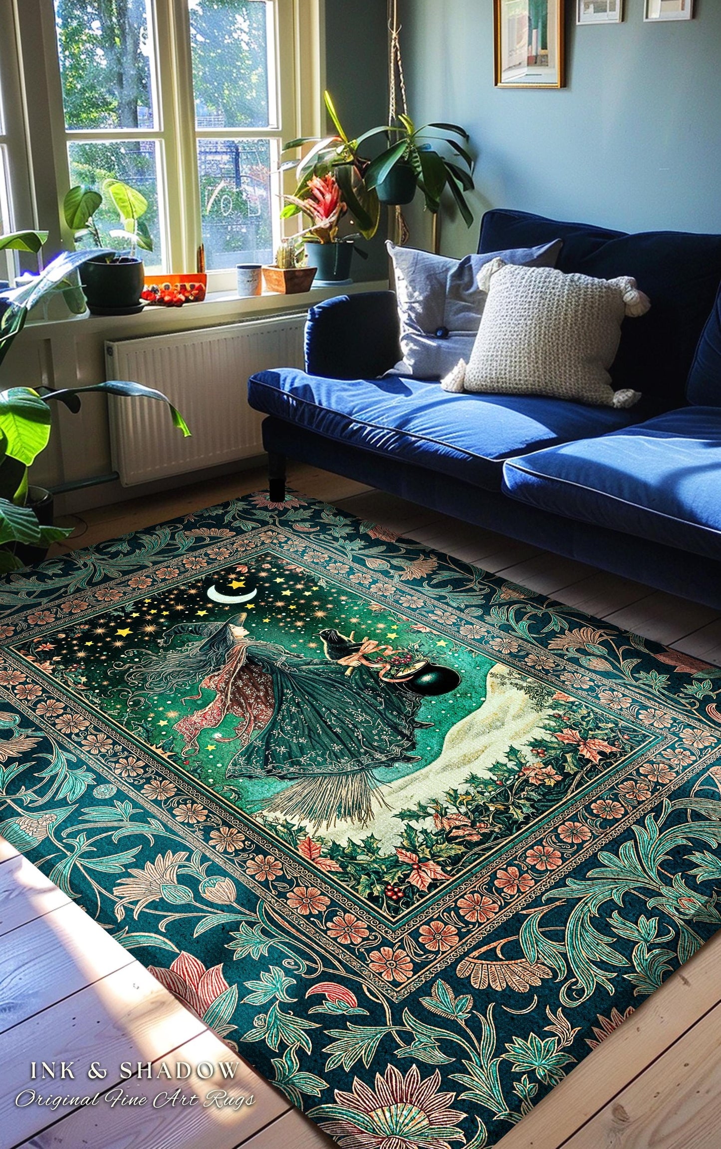 Magic Landscape Winter Witch Rug | Moonlit Ethereal Witchy Bedroom Accent Gothic Decor Moon Black Cat Whimsical Folklore Cottagecore Style