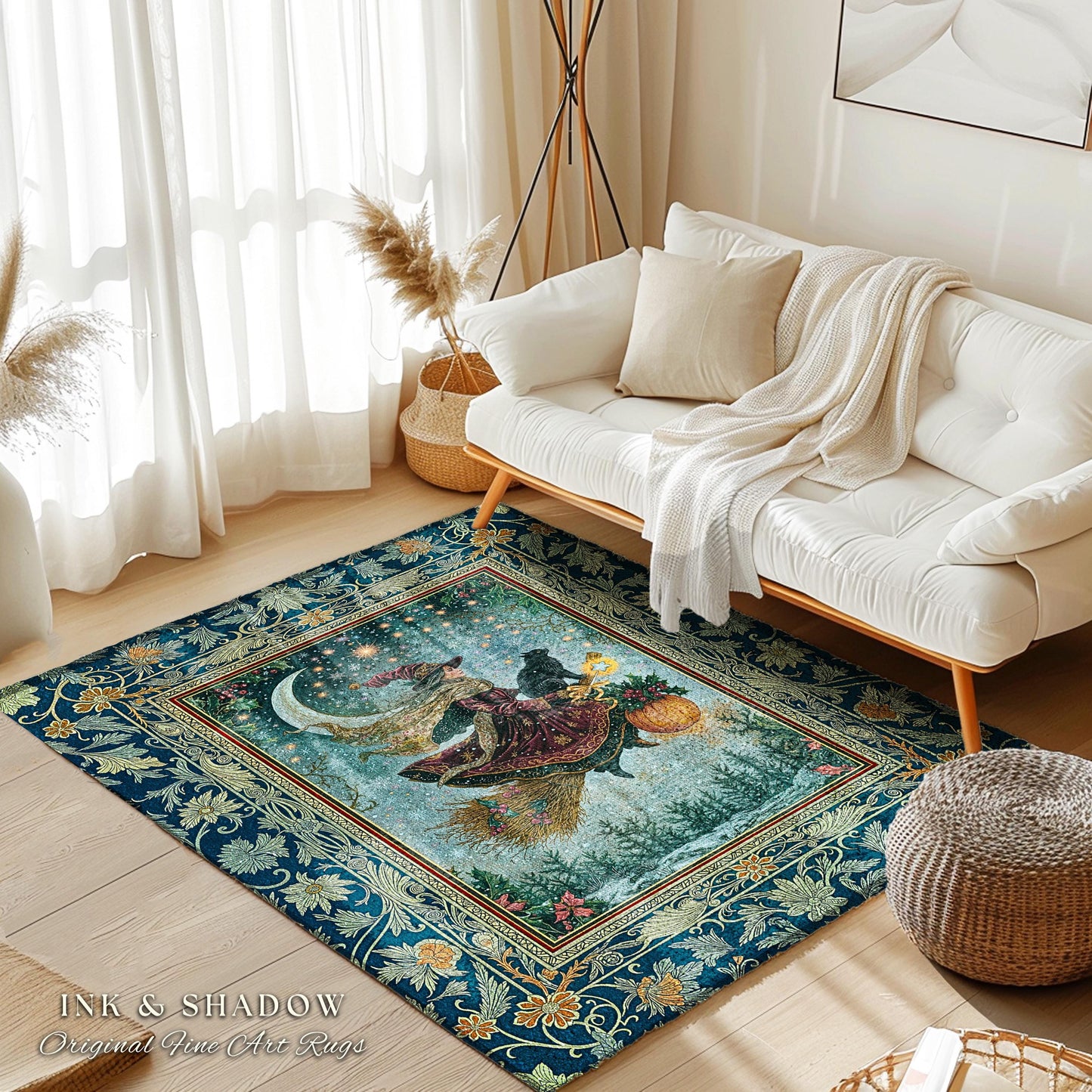 Pumpkin Witch Winter Accent Rug | Mystical Gothic Decor Black Cat Broomstick Spooky Season Botanical Moon Stars Winter Whimsigoth Style Room