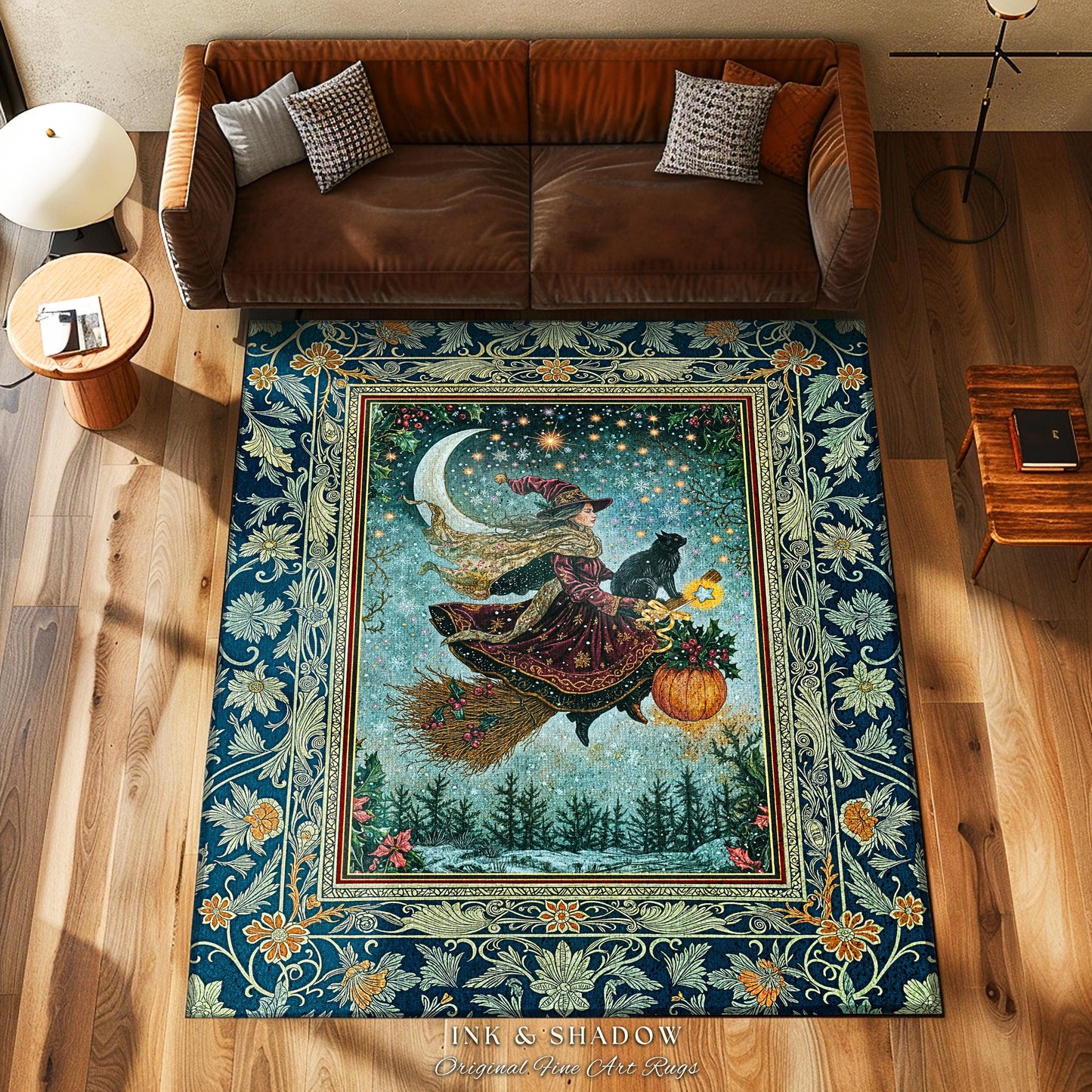 Pumpkin Witch Winter Accent Rug | Mystical Gothic Decor Black Cat Broomstick Spooky Season Botanical Moon Stars Winter Whimsigoth Style Room