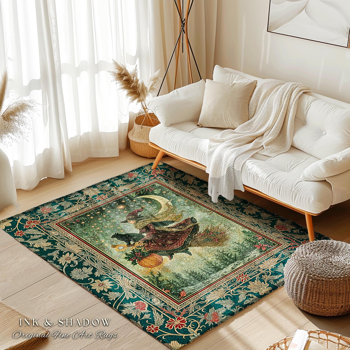 Celestial Moon Whimsical Witch Area Rug | Gothic Folk Decor Dark Magic Broomstick Black Cat Art Dark Academia Bedroom Botanical Witchcore |