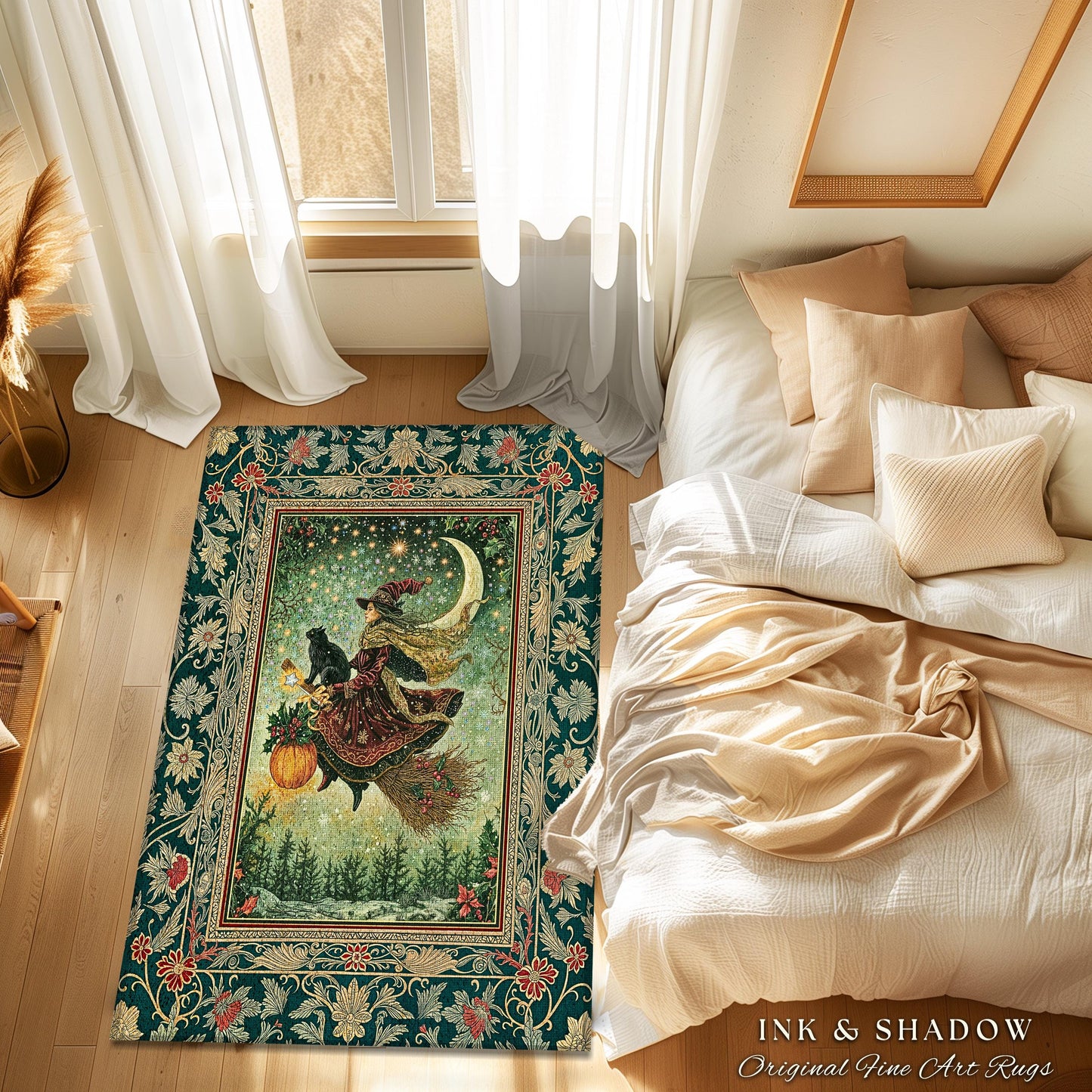 Celestial Moon Whimsical Witch Area Rug | Gothic Folk Decor Dark Magic Broomstick Black Cat Art Dark Academia Bedroom Botanical Witchcore |