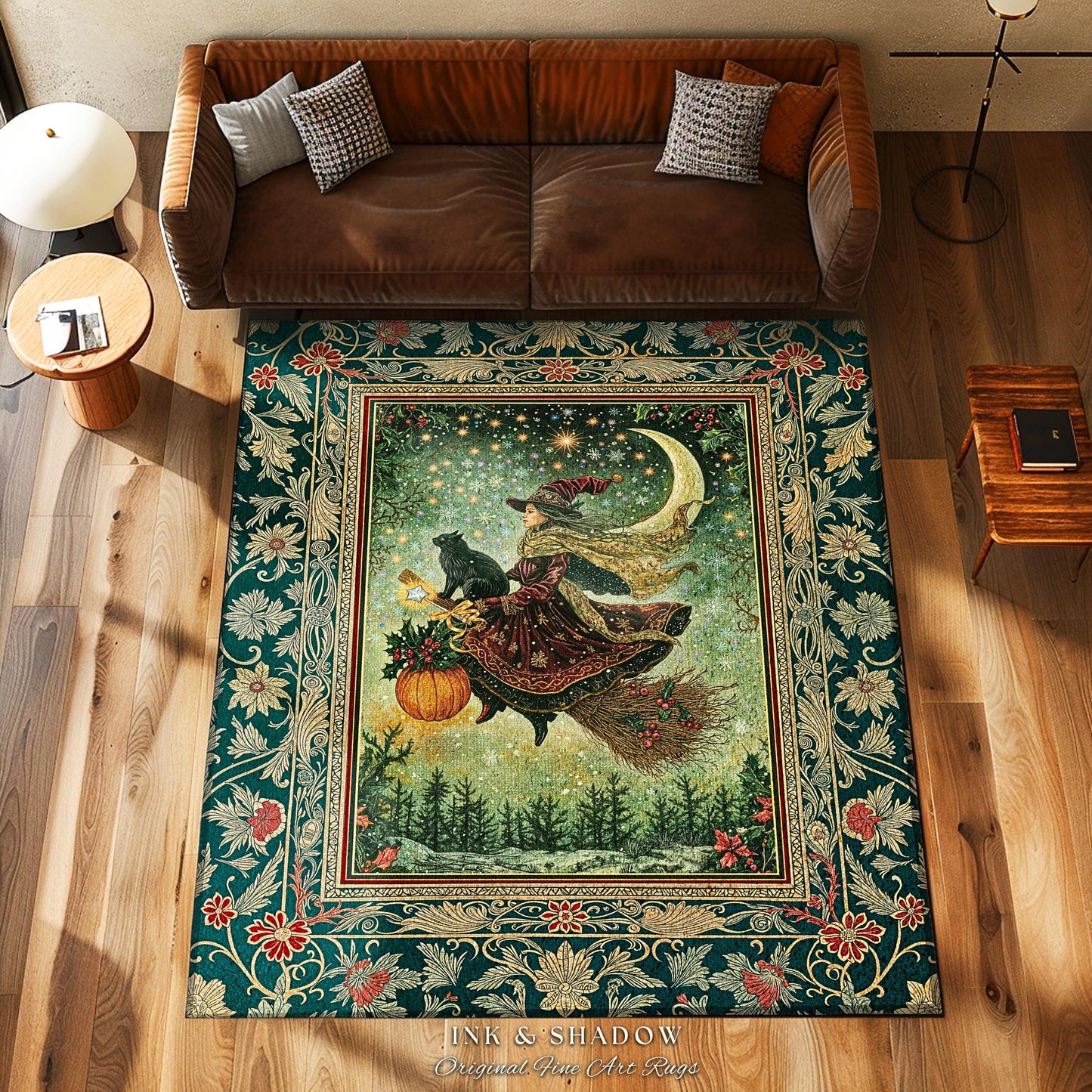 Celestial Moon Whimsical Witch Area Rug | Gothic Folk Decor Dark Magic Broomstick Black Cat Art Dark Academia Bedroom Botanical Witchcore |