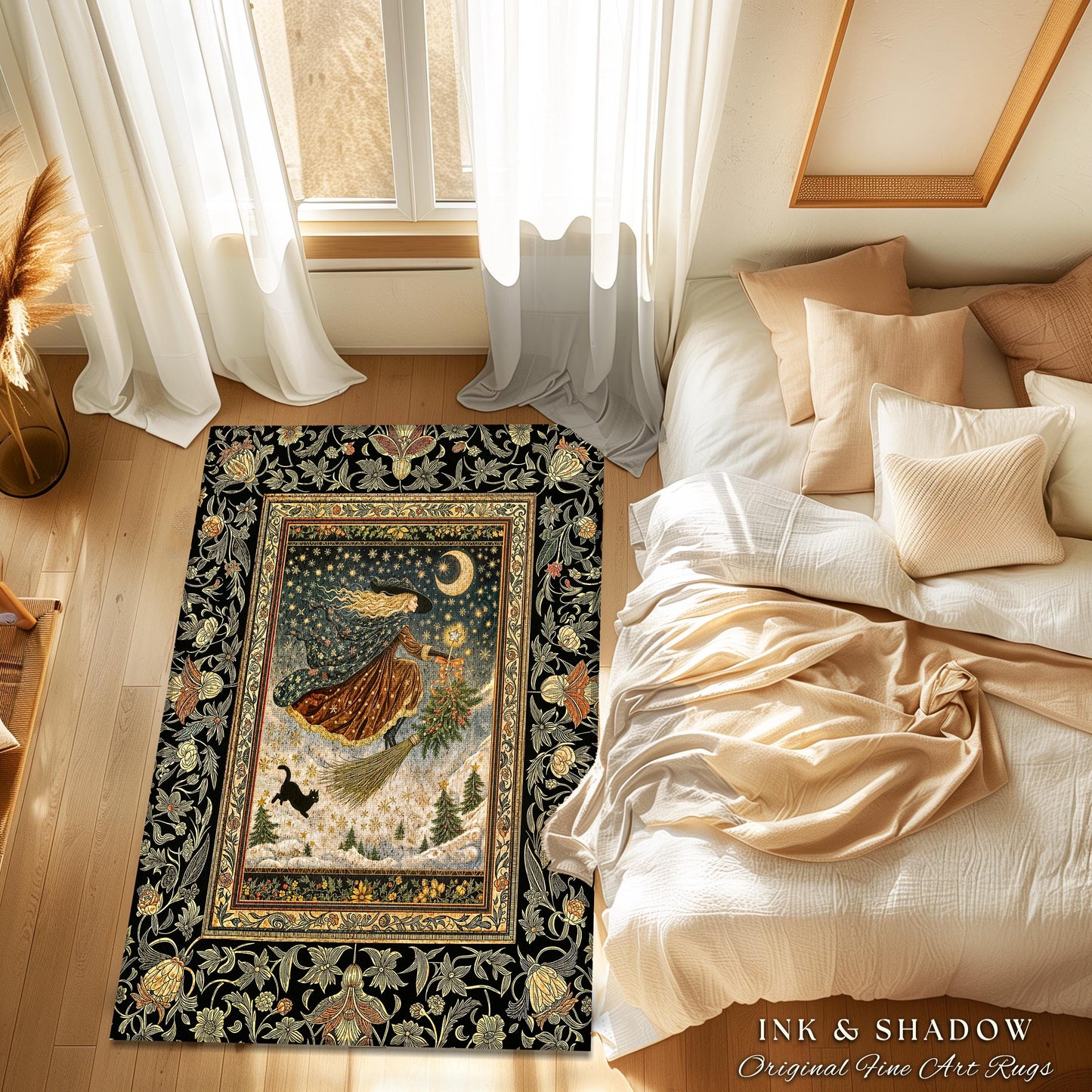 Winter Folklore Witch Accent Rug | Enchanted Cottagecore Decor Mystic Aesthetic Black Cat Gothic Elegance Celestial Storybook Bedroom Rug |