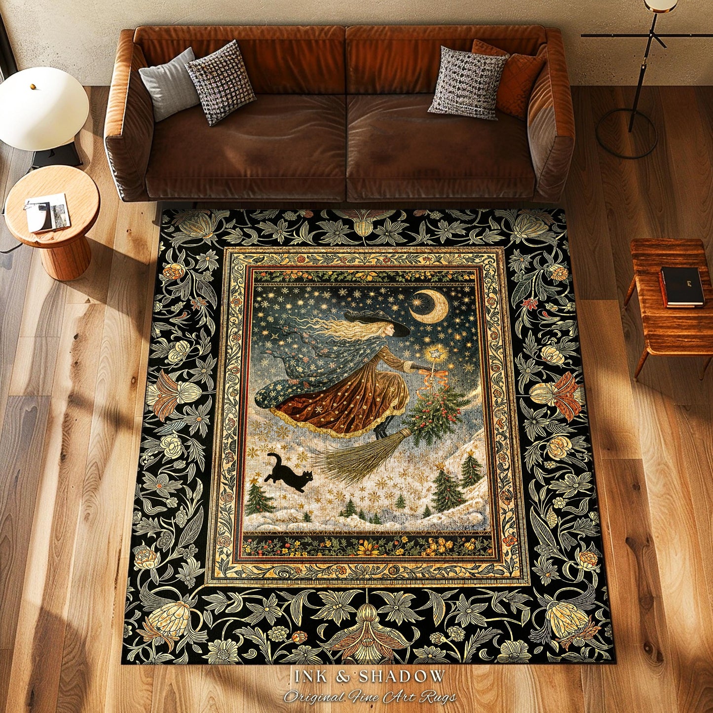 Winter Folklore Witch Accent Rug | Enchanted Cottagecore Decor Mystic Aesthetic Black Cat Gothic Elegance Celestial Storybook Bedroom Rug |