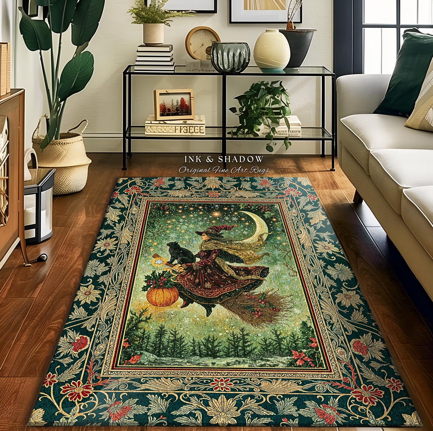 Celestial Moon Whimsical Witch Area Rug | Gothic Folk Decor Dark Magic Broomstick Black Cat Art Dark Academia Bedroom Botanical Witchcore |