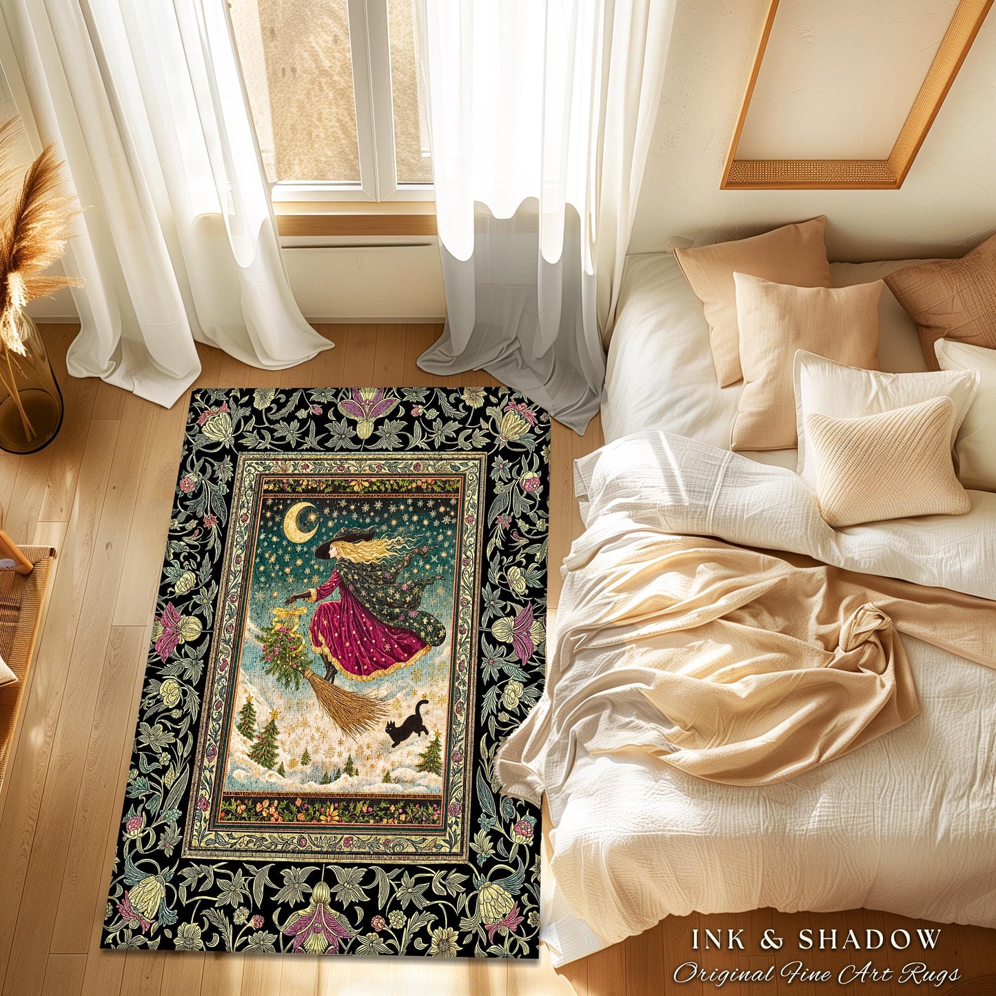 Snowy Moonlit Night Witchy Rug | Celestial Cat Gothic Decor Broomstick Ride Whimsigoth Magic Cottagecore Folk Aesthetic Bedroom Accent Rug |