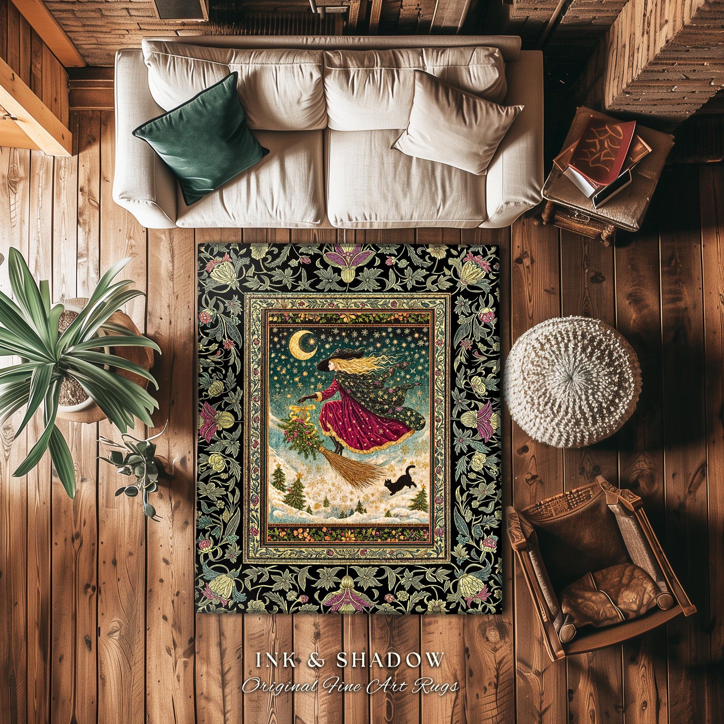 Snowy Moonlit Night Witchy Rug | Celestial Cat Gothic Decor Broomstick Ride Whimsigoth Magic Cottagecore Folk Aesthetic Bedroom Accent Rug |