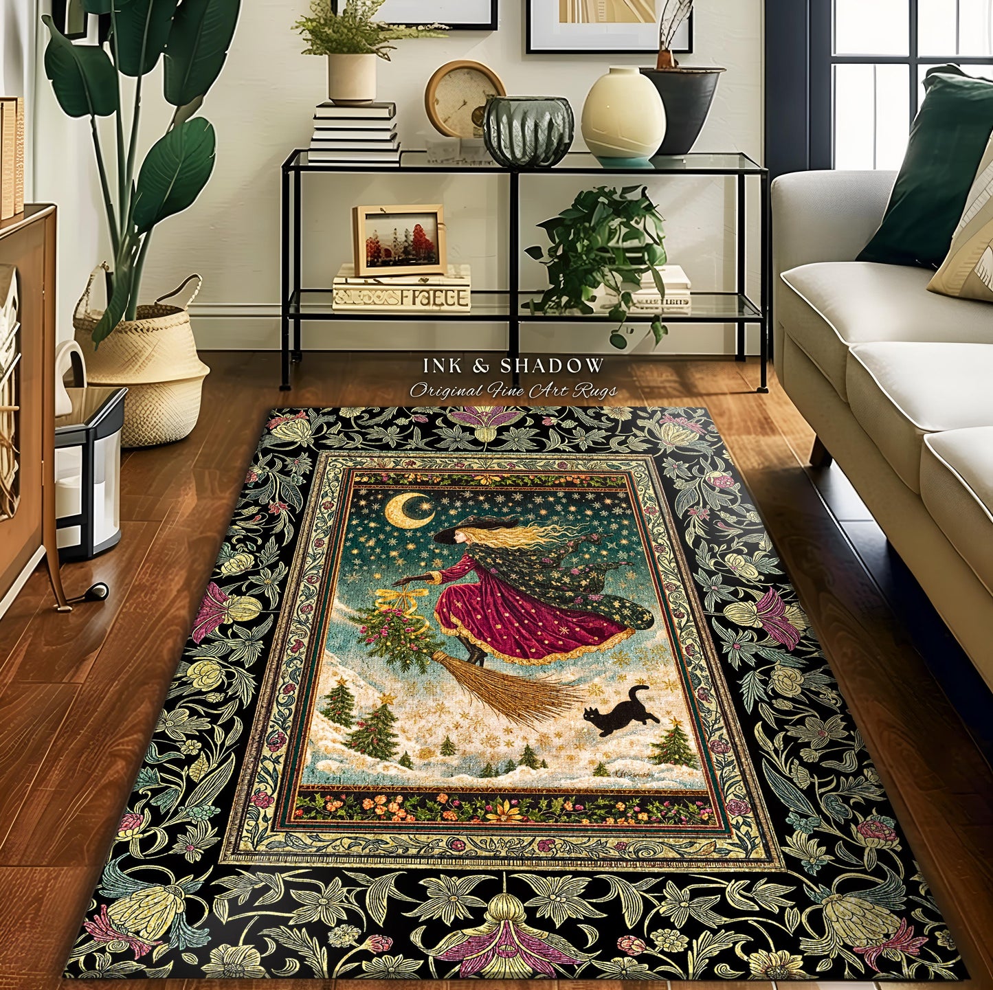 Snowy Moonlit Night Witchy Rug | Celestial Cat Gothic Decor Broomstick Ride Whimsigoth Magic Cottagecore Folk Aesthetic Bedroom Accent Rug |