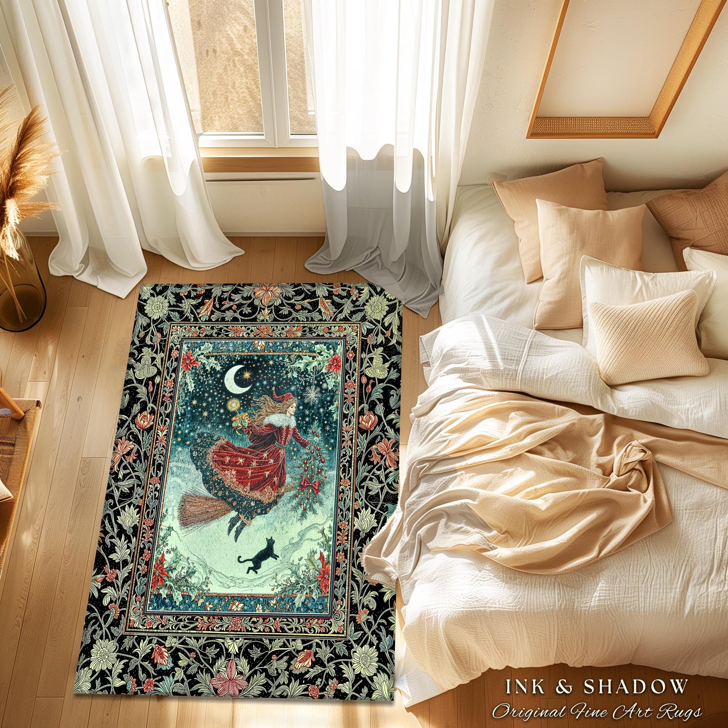 Wonderland Witch Boho Area Rug | Mystic Gothic Art Black Cat Folk Magic Broomstick Whimsigoth Cottagecore Celestial Moon Stars Bedroom Retro