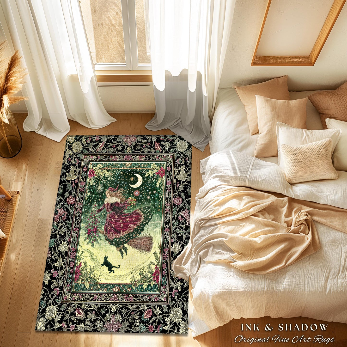 Snowy Magic Celestial Witch Rug | Gothic Magic Black Cat Bedroom Accent Broomstick Ride Moon Stars Botanical Frame Mystical Folklore Art |
