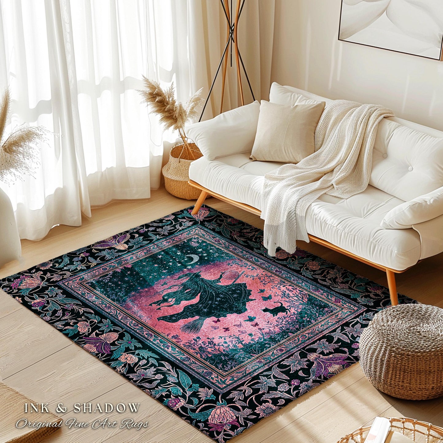 Moody Magenta Witch Silhouette Rug | Whimsigoth Aesthetic Flying Broomstick Black Cat Halloween Moon Magic Night Gothic Folklore Bedroom Art