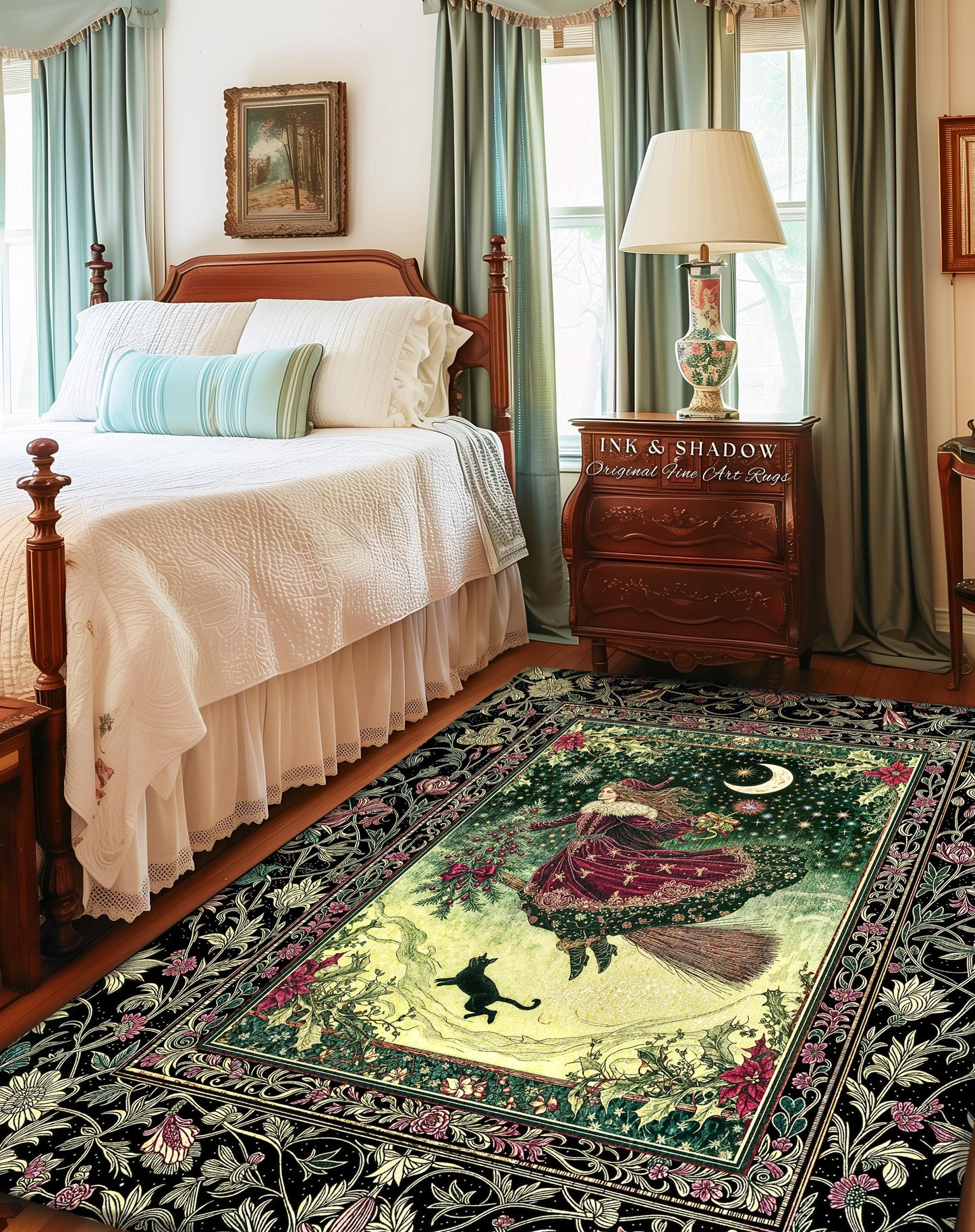 Snowy Magic Celestial Witch Rug | Gothic Magic Black Cat Bedroom Accent Broomstick Ride Moon Stars Botanical Frame Mystical Folklore Art |