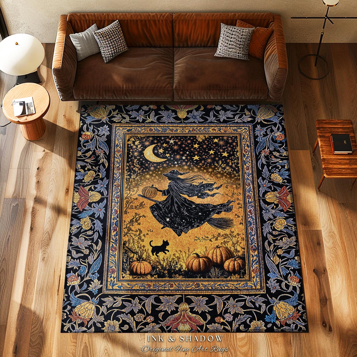 Autumn Golden Gothic Sky Rug | Celestial Black Cat Bedroom Accent Whimsigoth Decor Mystic Aesthetic Pumpkin Enchanted Magic Style Dorm Room