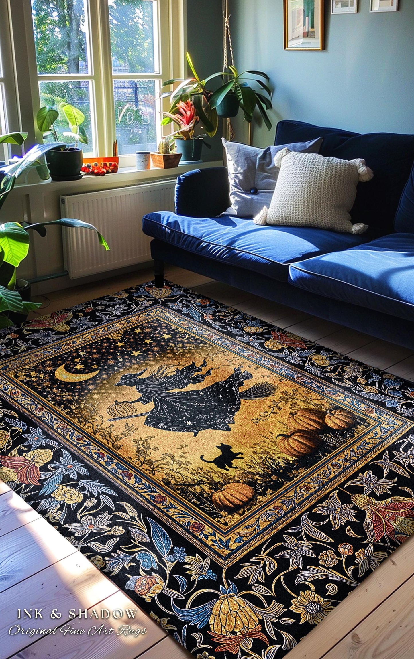 Autumn Golden Gothic Sky Rug | Celestial Black Cat Bedroom Accent Whimsigoth Decor Mystic Aesthetic Pumpkin Enchanted Magic Style Dorm Room