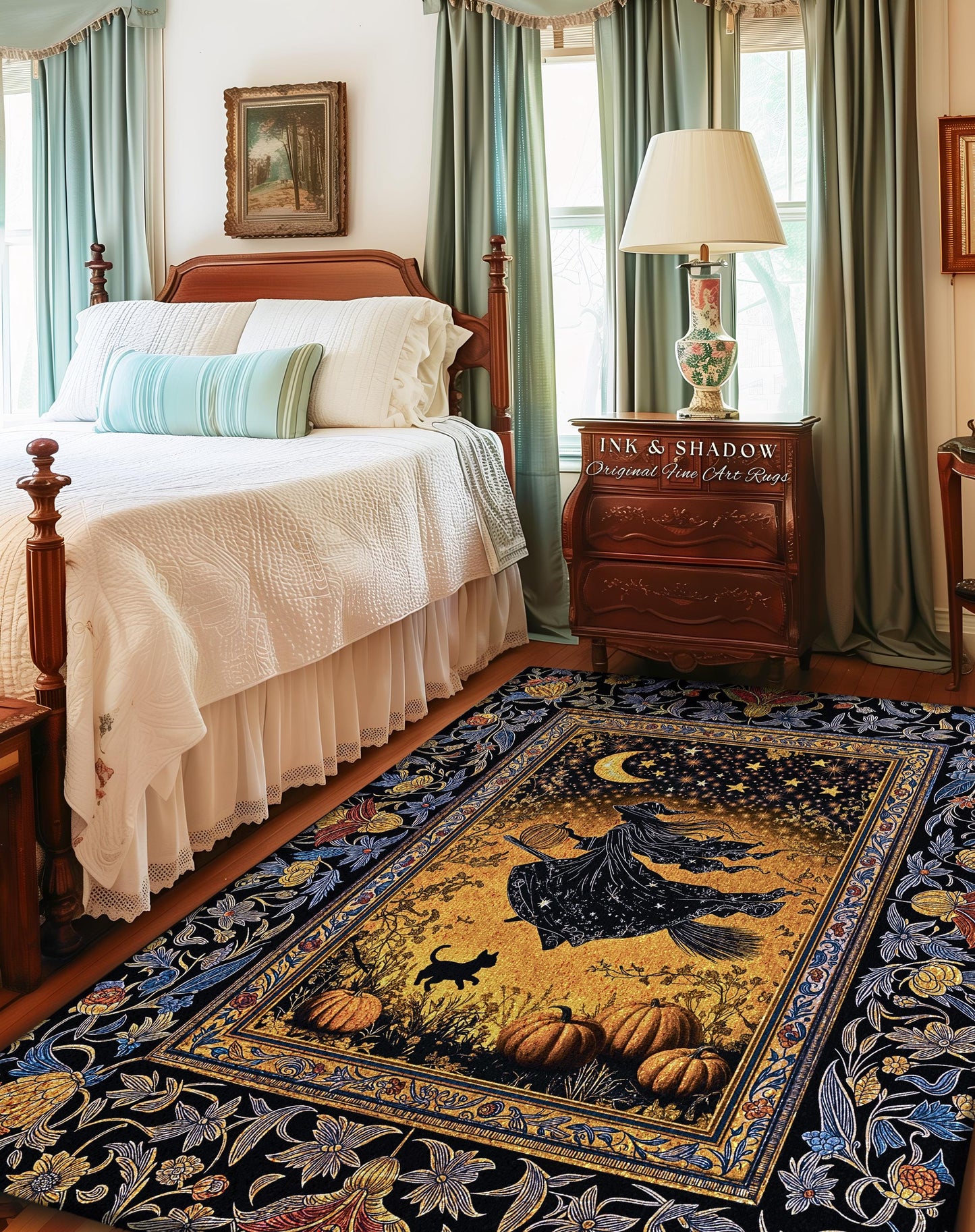 Autumn Golden Gothic Sky Rug | Celestial Black Cat Bedroom Accent Whimsigoth Decor Mystic Aesthetic Pumpkin Enchanted Magic Style Dorm Room