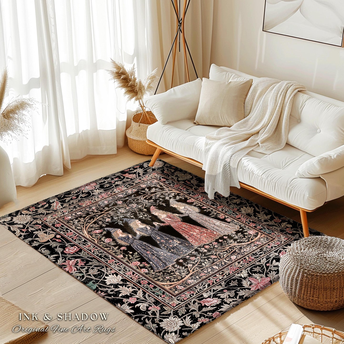 Enchanted Maidens Rustic Area Rug | Mystical Folklore Floral Gothic Art Nouveau Bedroom Rug Ethereal Coven Magic Dark Boho Aesthetic Decor