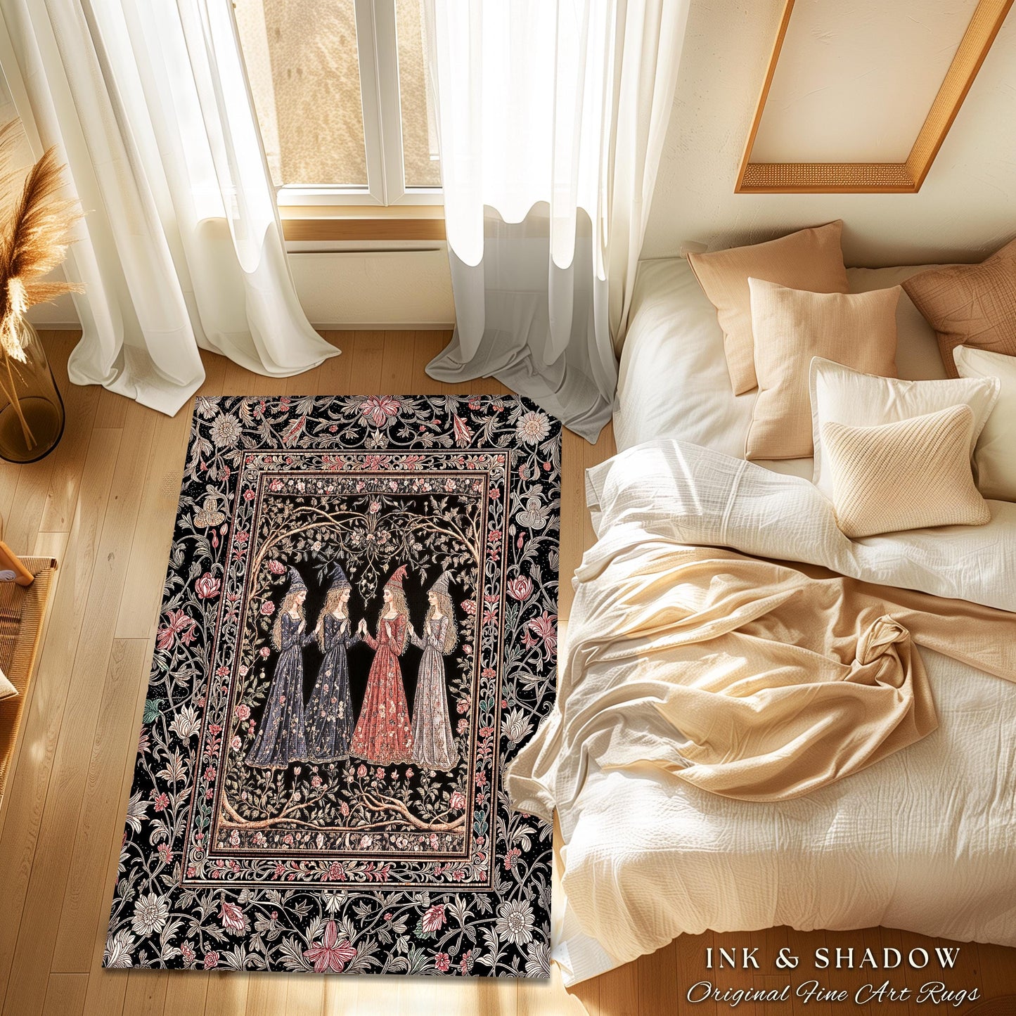 Enchanted Maidens Rustic Area Rug | Mystical Folklore Floral Gothic Art Nouveau Bedroom Rug Ethereal Coven Magic Dark Boho Aesthetic Decor