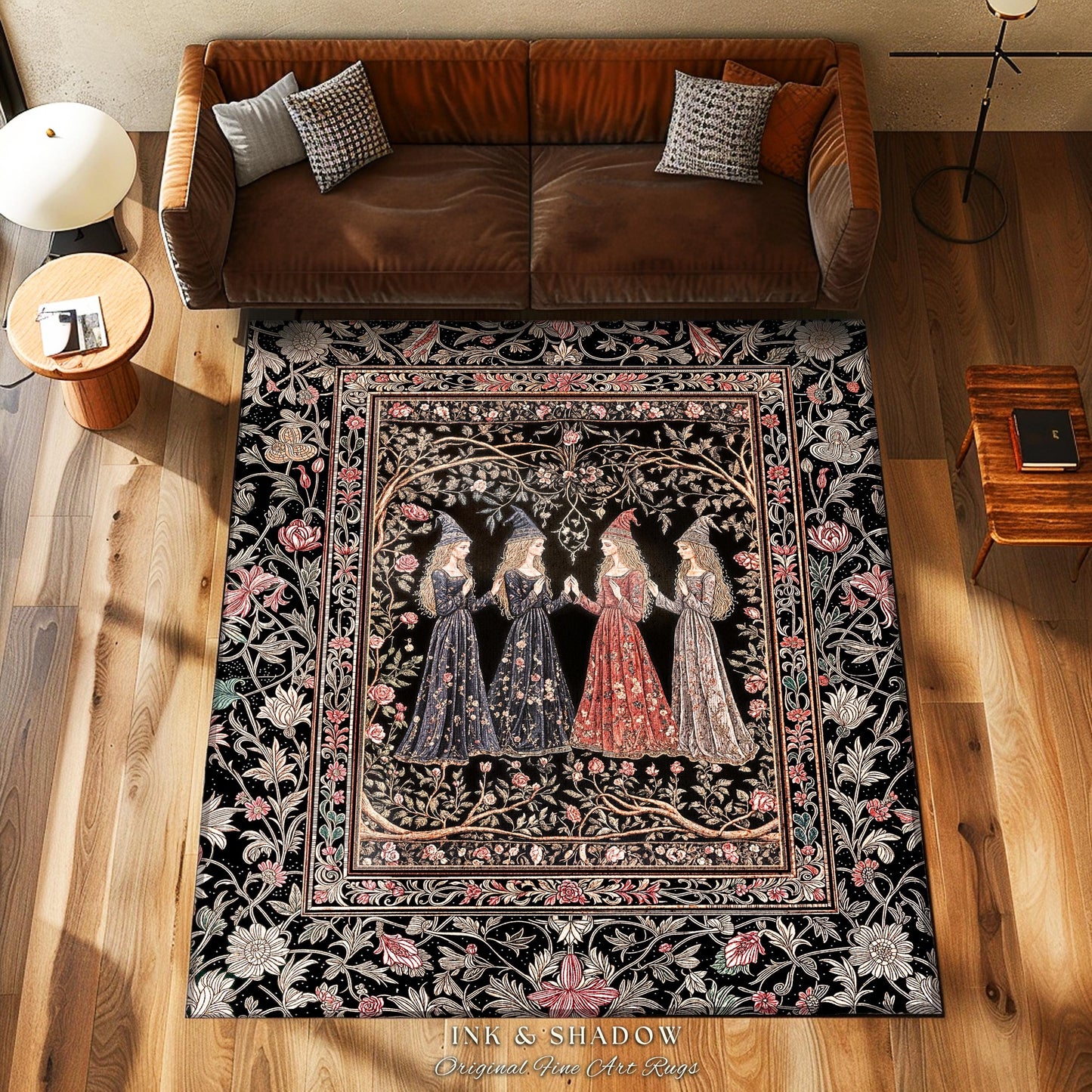 Enchanted Maidens Rustic Area Rug | Mystical Folklore Floral Gothic Art Nouveau Bedroom Rug Ethereal Coven Magic Dark Boho Aesthetic Decor
