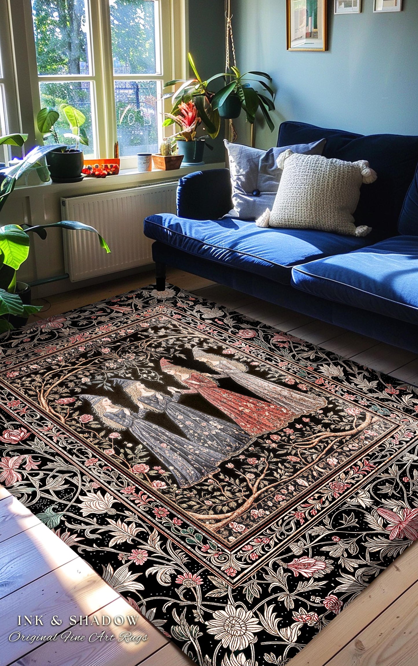 Enchanted Maidens Rustic Area Rug | Mystical Folklore Floral Gothic Art Nouveau Bedroom Rug Ethereal Coven Magic Dark Boho Aesthetic Decor