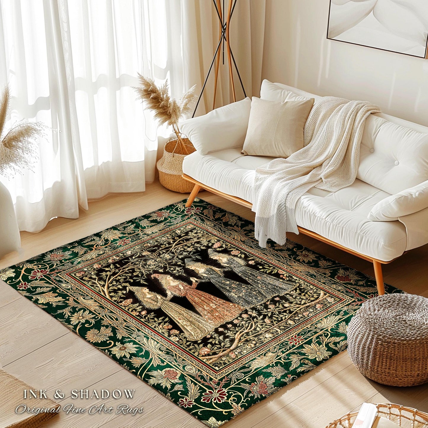 Mystical Sisterhood Floral Accent Rug | Witchy Aesthetic Baroque Forest Whimsigoth Fantasy Ethereal Whimsical Bedroom Rug Dark Academia Art