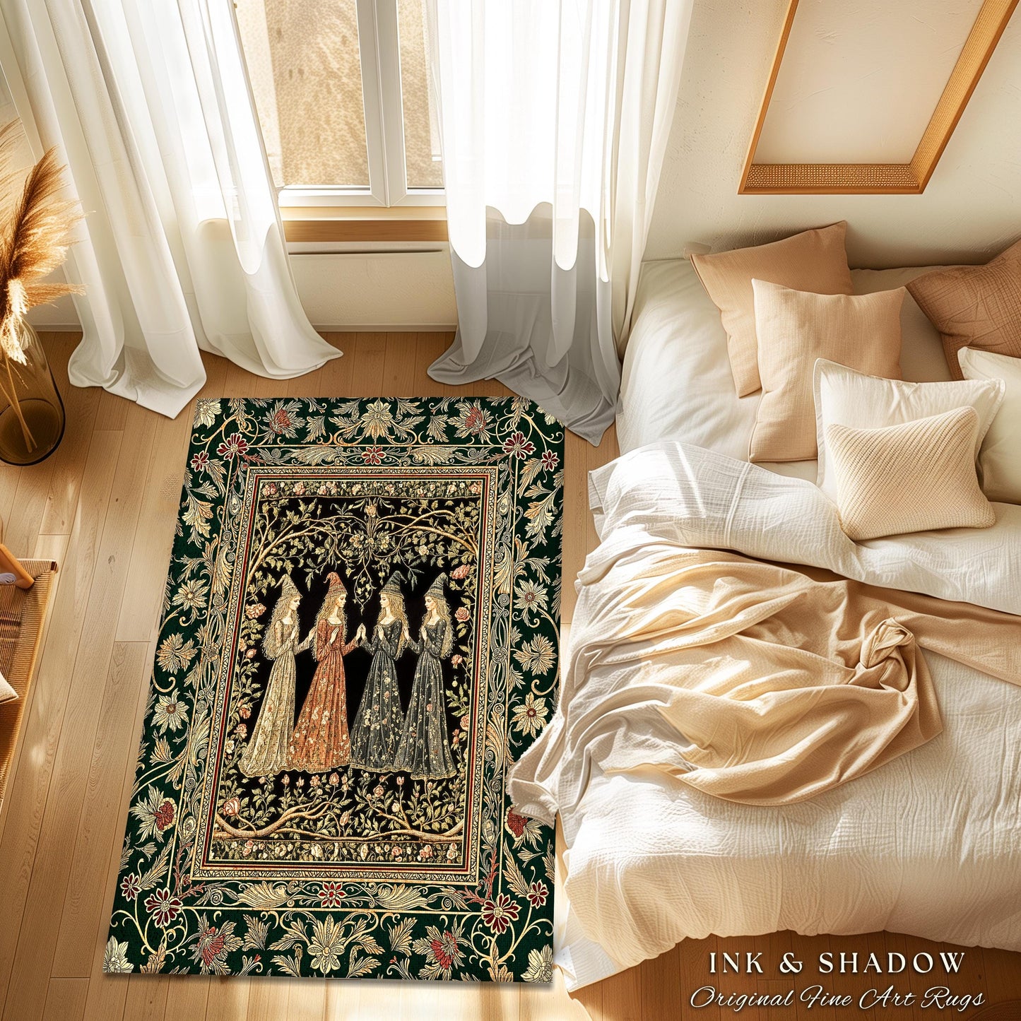 Mystical Sisterhood Floral Accent Rug | Witchy Aesthetic Baroque Forest Whimsigoth Fantasy Ethereal Whimsical Bedroom Rug Dark Academia Art