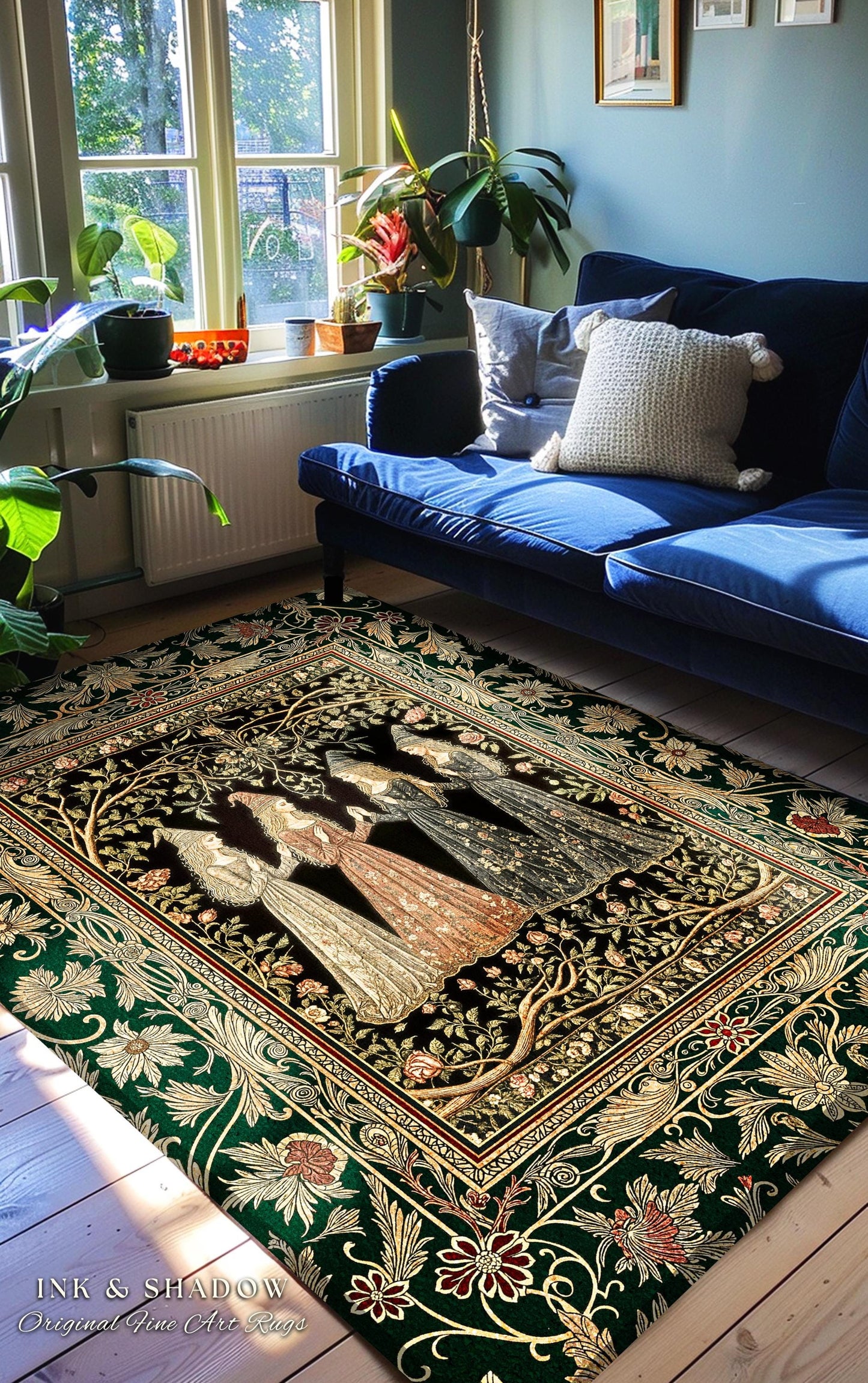 Mystical Sisterhood Floral Accent Rug | Witchy Aesthetic Baroque Forest Whimsigoth Fantasy Ethereal Whimsical Bedroom Rug Dark Academia Art
