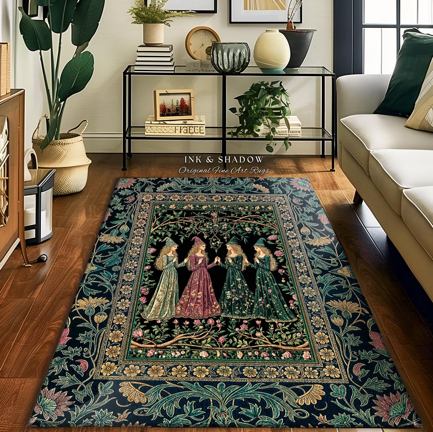 Storybook Aesthetic Witch Rug | Whimsical Crowcore Arcane Gothic Forest Maiden Medieval Enchanted Magic Bedroom Accent Dark Botanical Dorm |