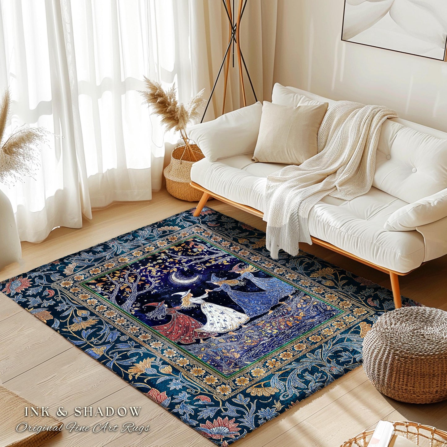 Moonlit Magic Witches Area Rug | Medieval Fairytale Floral Enchanted Witchcore Baroque Dark Folk Art Home Decor Occult Boho Bedroom Accent |