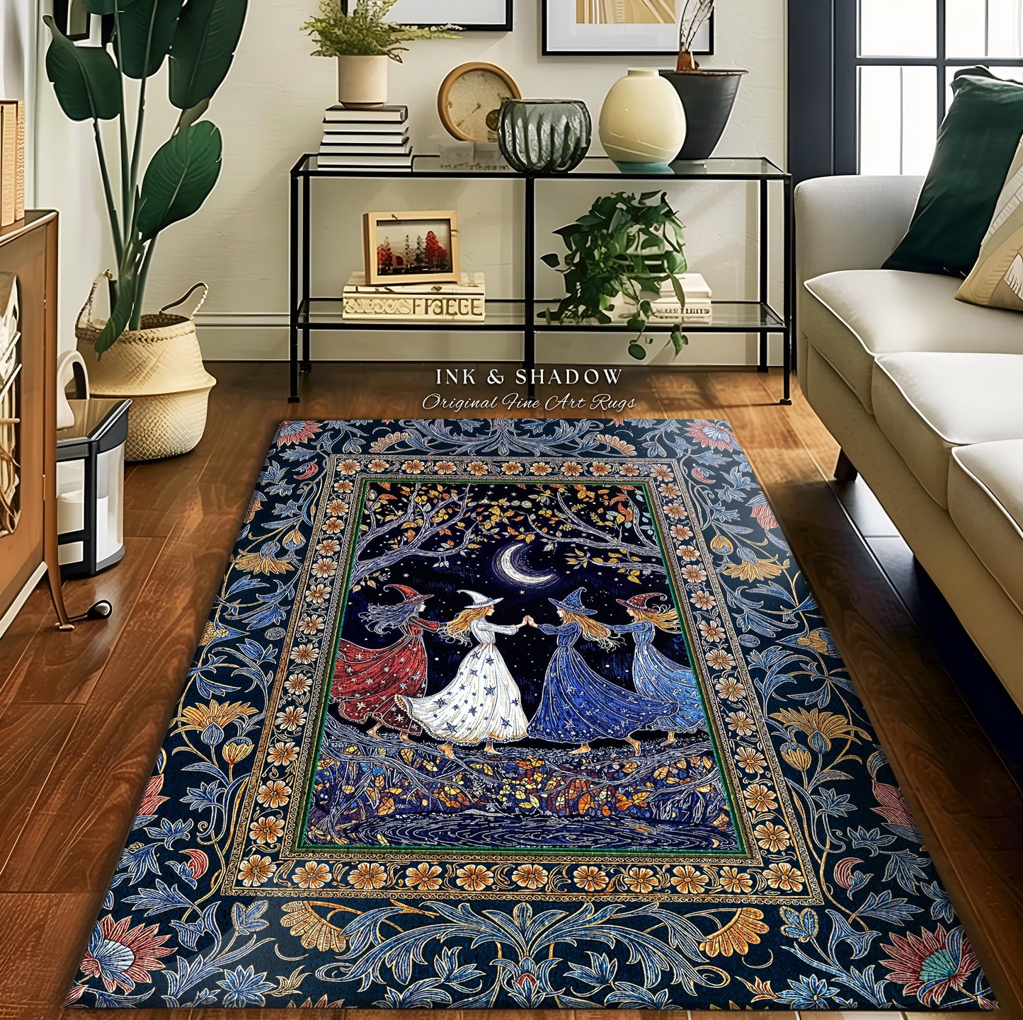 Moonlit Magic Witches Area Rug | Medieval Fairytale Floral Enchanted Witchcore Baroque Dark Folk Art Home Decor Occult Boho Bedroom Accent |