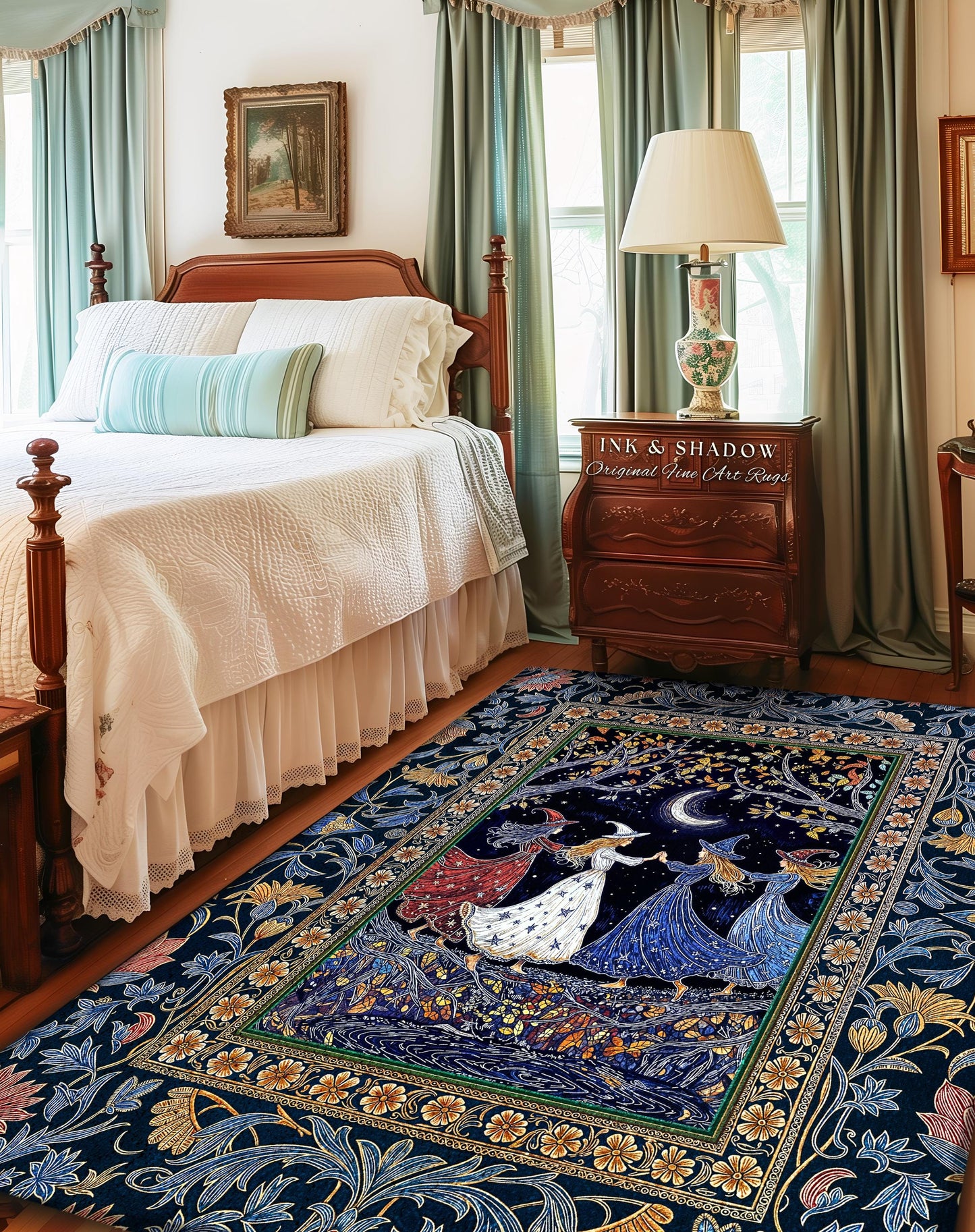 Moonlit Magic Witches Area Rug | Medieval Fairytale Floral Enchanted Witchcore Baroque Dark Folk Art Home Decor Occult Boho Bedroom Accent |