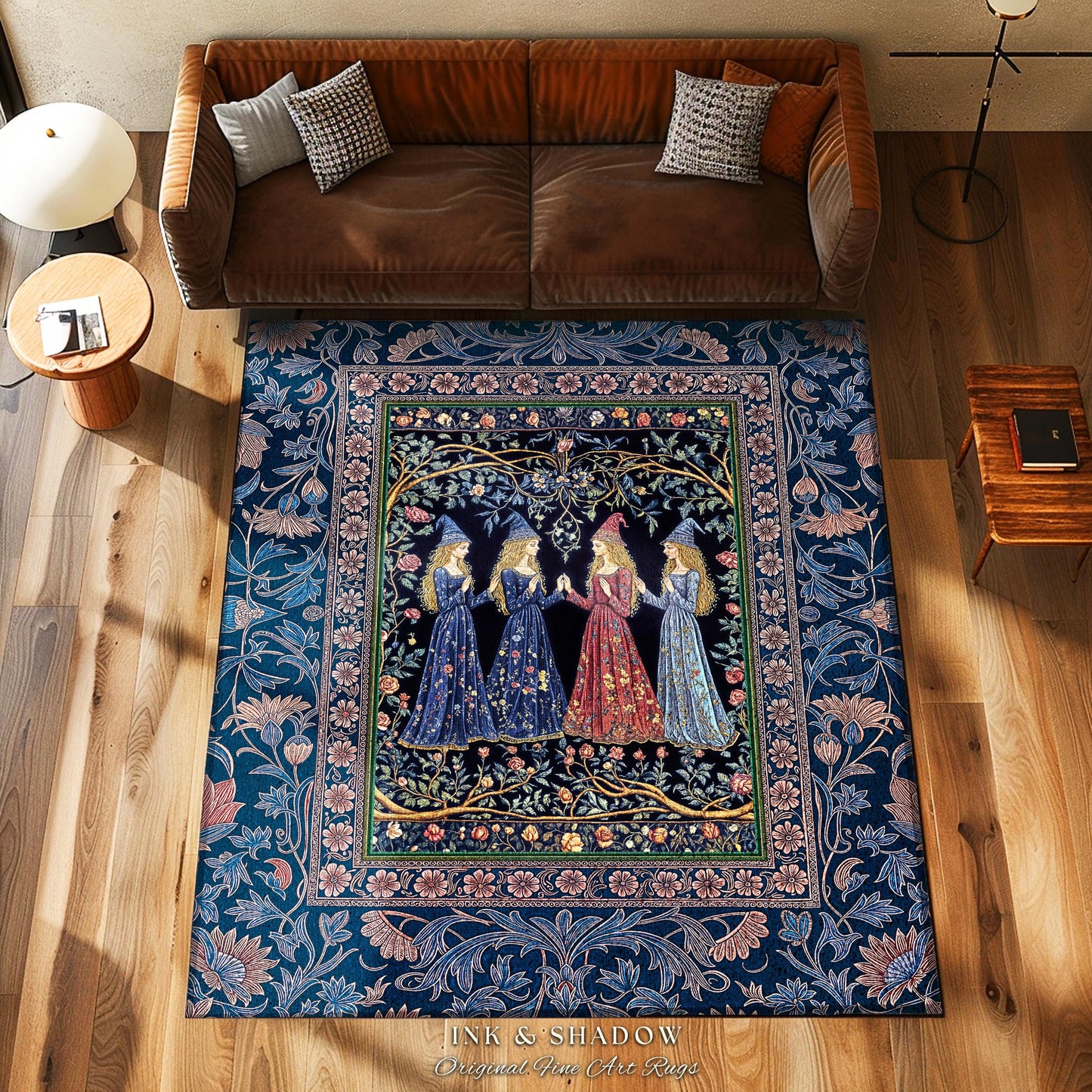 Medieval Coven Celestial Accent Rug | Moody Aesthetic Witches Enchanted Art Nouveau Gothic Ethereal Folklore Bedroom Area Rug Ornate Magic |