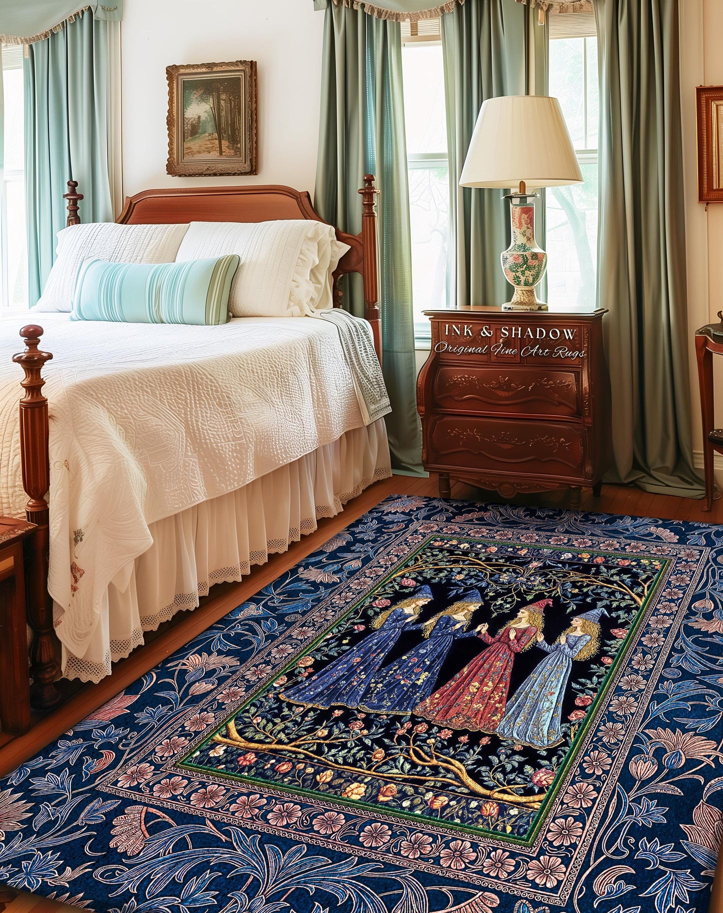 Medieval Coven Celestial Accent Rug | Moody Aesthetic Witches Enchanted Art Nouveau Gothic Ethereal Folklore Bedroom Area Rug Ornate Magic |