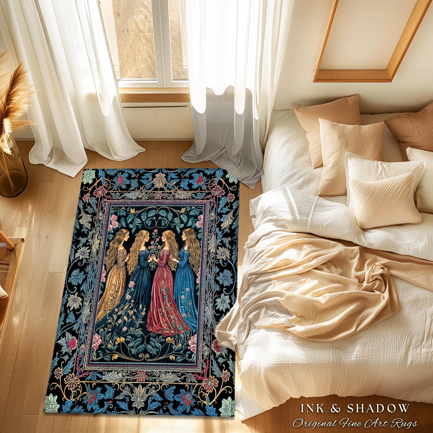 Wiccan Witchcraft Moody Area Rug | Whimsigothic Dark Fairytale Gothic Renaissance Botanical Magic Medieval Bedroom Decor Witchcraft Carpet |