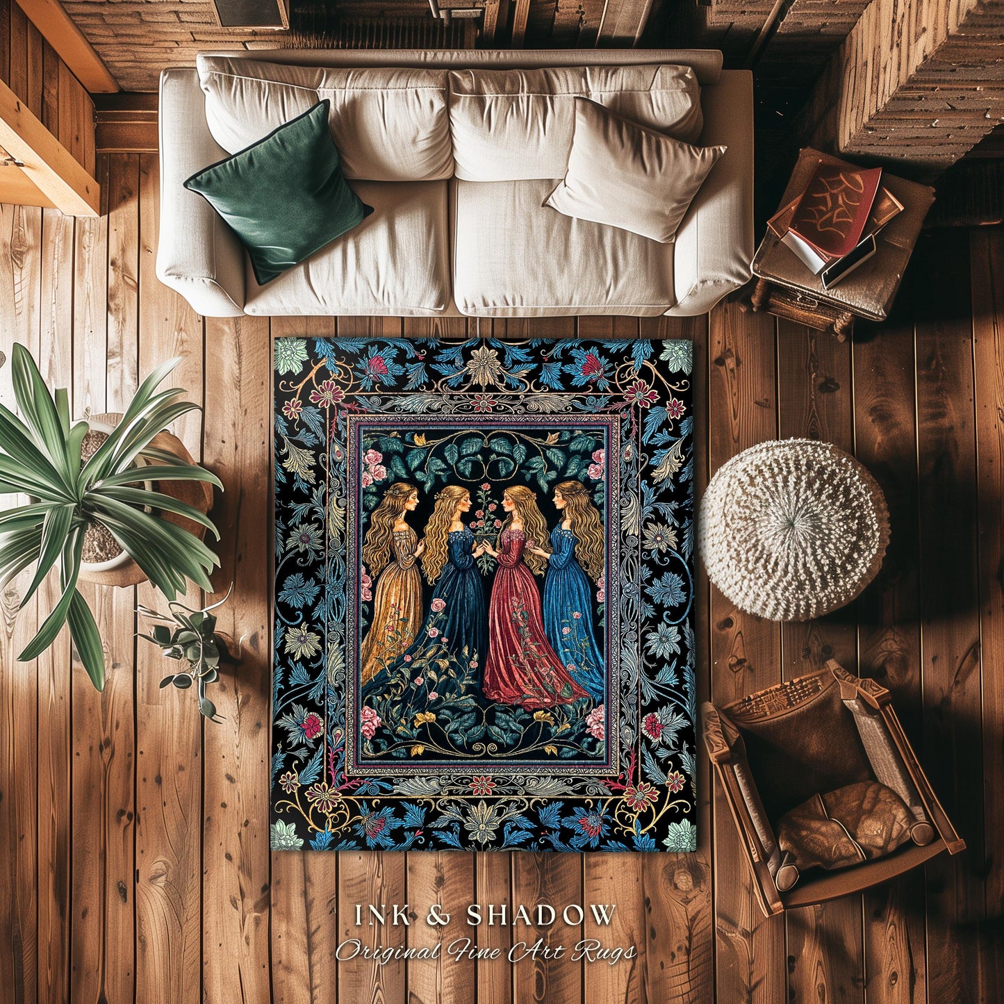 Wiccan Witchcraft Moody Area Rug | Whimsigothic Dark Fairytale Gothic Renaissance Botanical Magic Medieval Bedroom Decor Witchcraft Carpet |