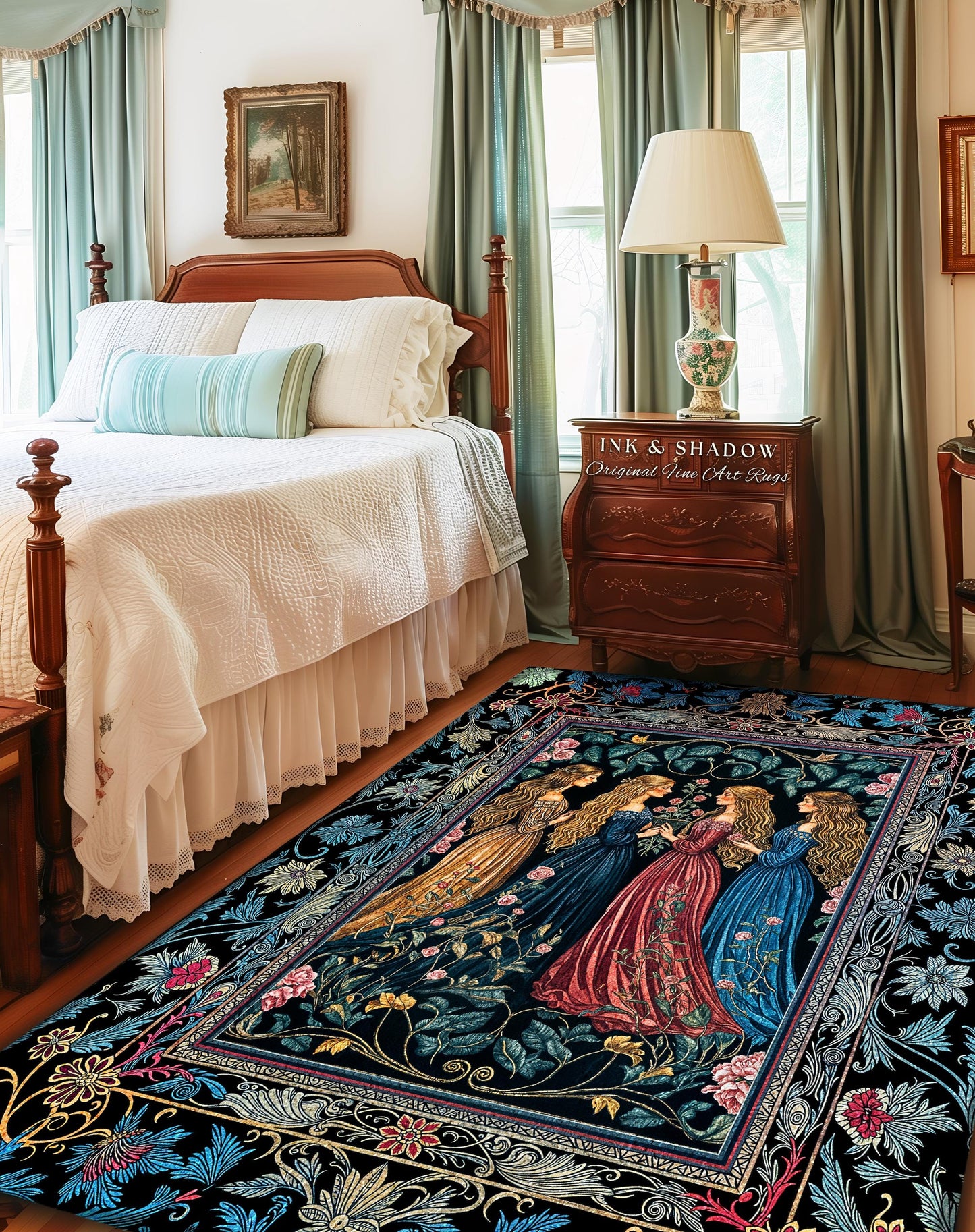 Wiccan Witchcraft Moody Area Rug | Whimsigothic Dark Fairytale Gothic Renaissance Botanical Magic Medieval Bedroom Decor Witchcraft Carpet |
