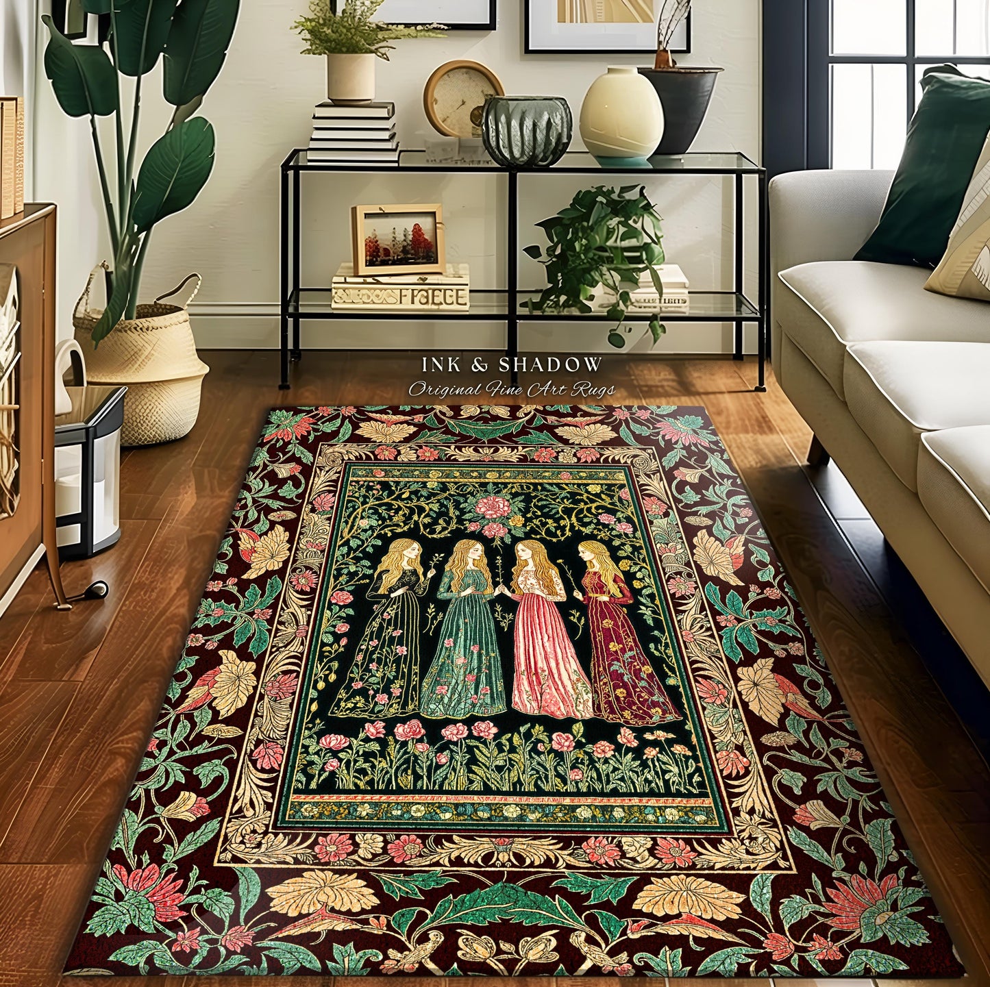 Renaissance Witch Coven Area Rug | Whimsical Folklore Enchanted Floral Bedroom Accent Spellbound Gothic Art Mystic Academia Fairytale Decor