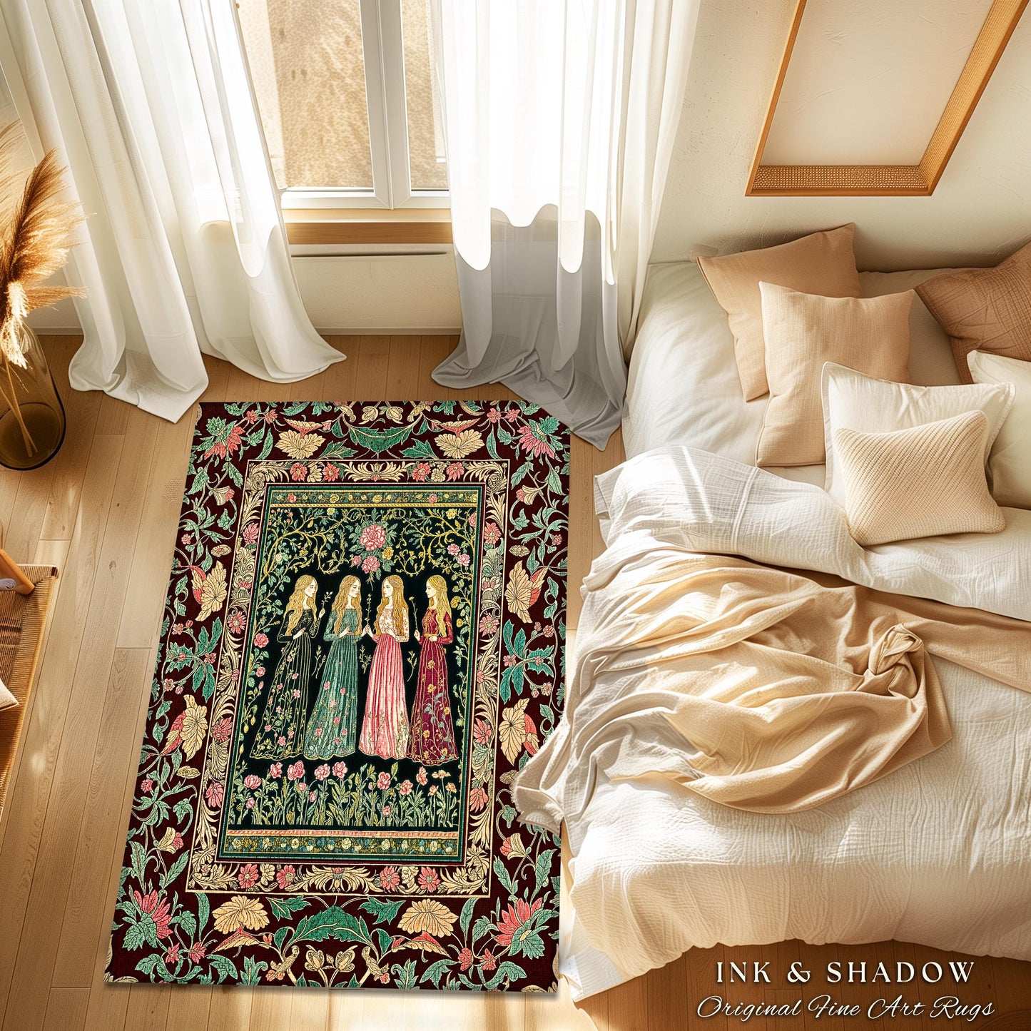 Renaissance Witch Coven Area Rug | Whimsical Folklore Enchanted Floral Bedroom Accent Spellbound Gothic Art Mystic Academia Fairytale Decor