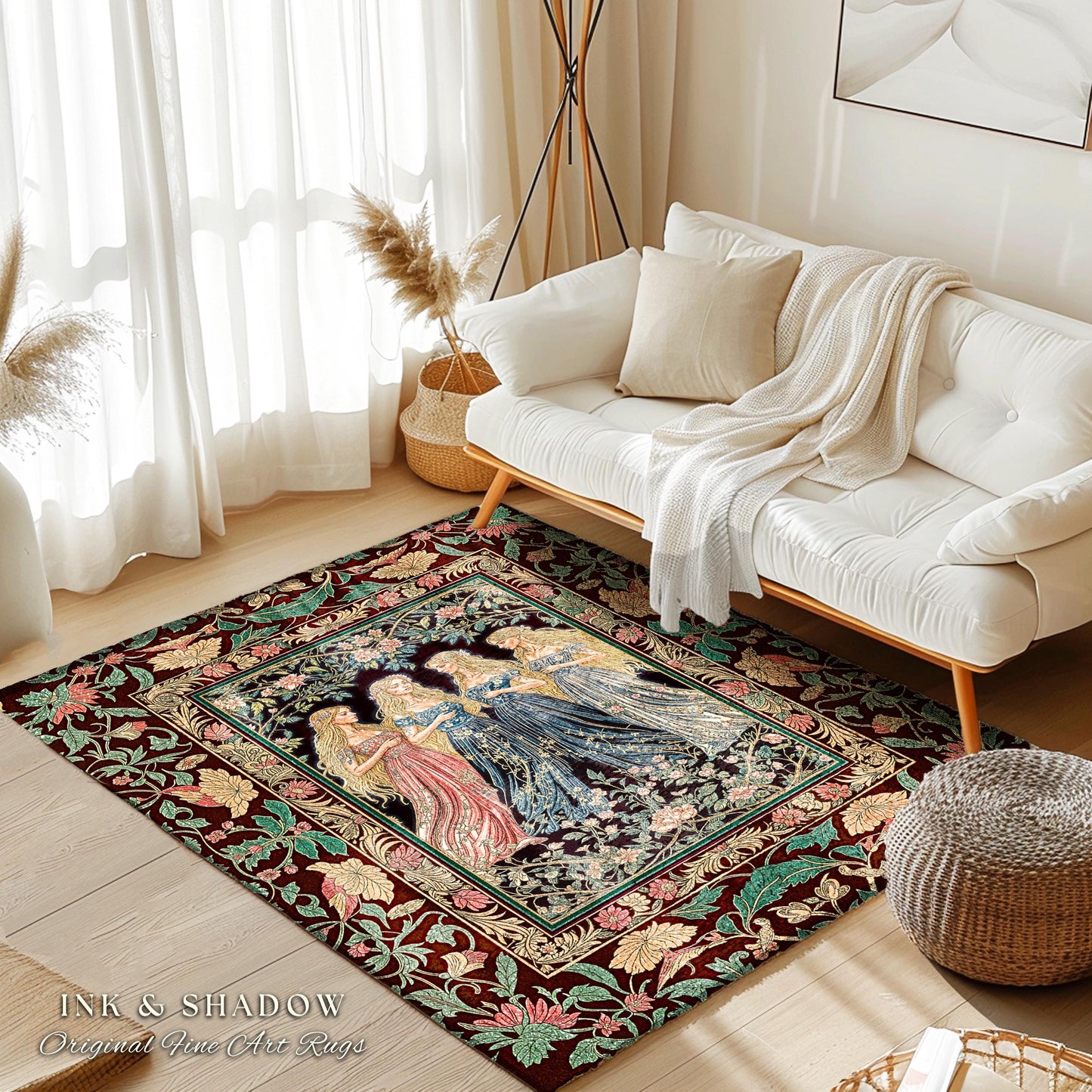 Magic Maidens Medieval Area Rug | Dark Fairytale Witches Floral Forest Floor Vedroom Accent Ethereal Renaissance Gothic Art Decor Fairycore