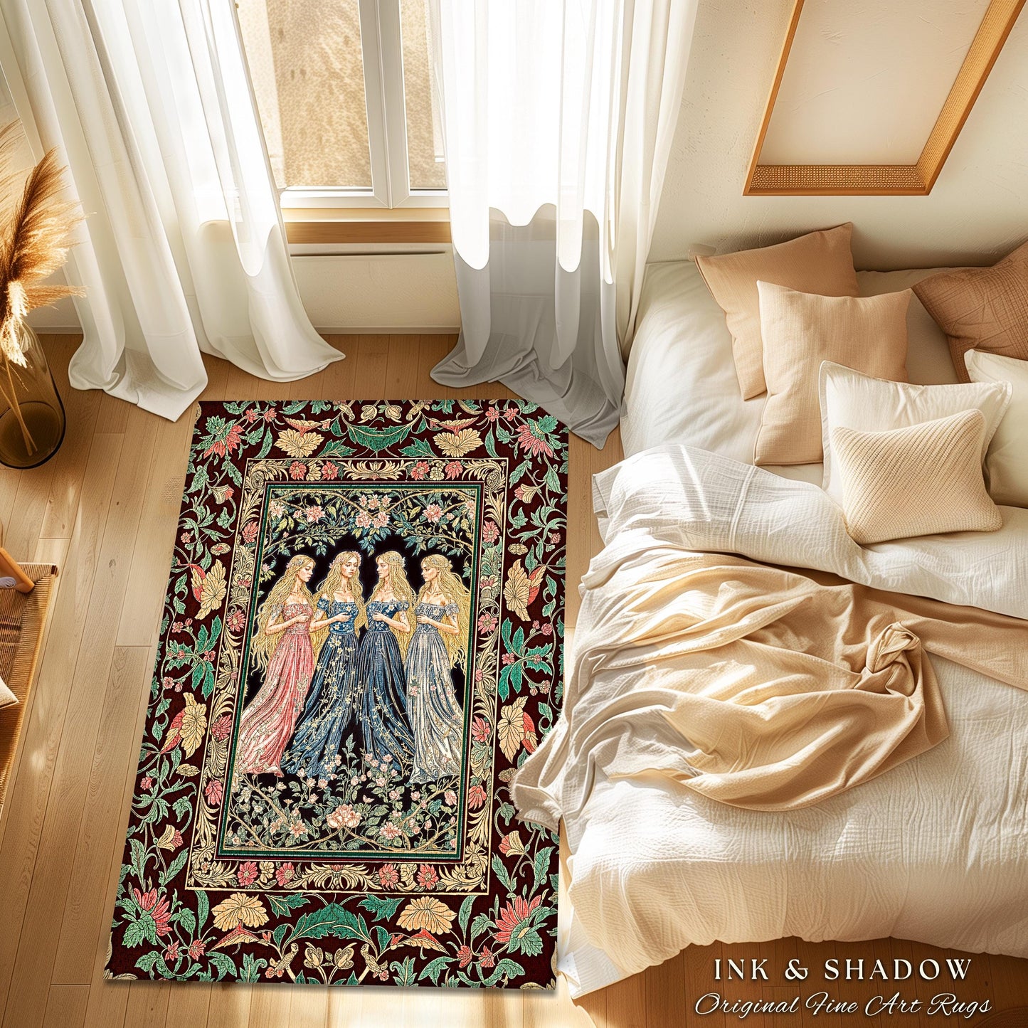 Magic Maidens Medieval Area Rug | Dark Fairytale Witches Floral Forest Floor Vedroom Accent Ethereal Renaissance Gothic Art Decor Fairycore