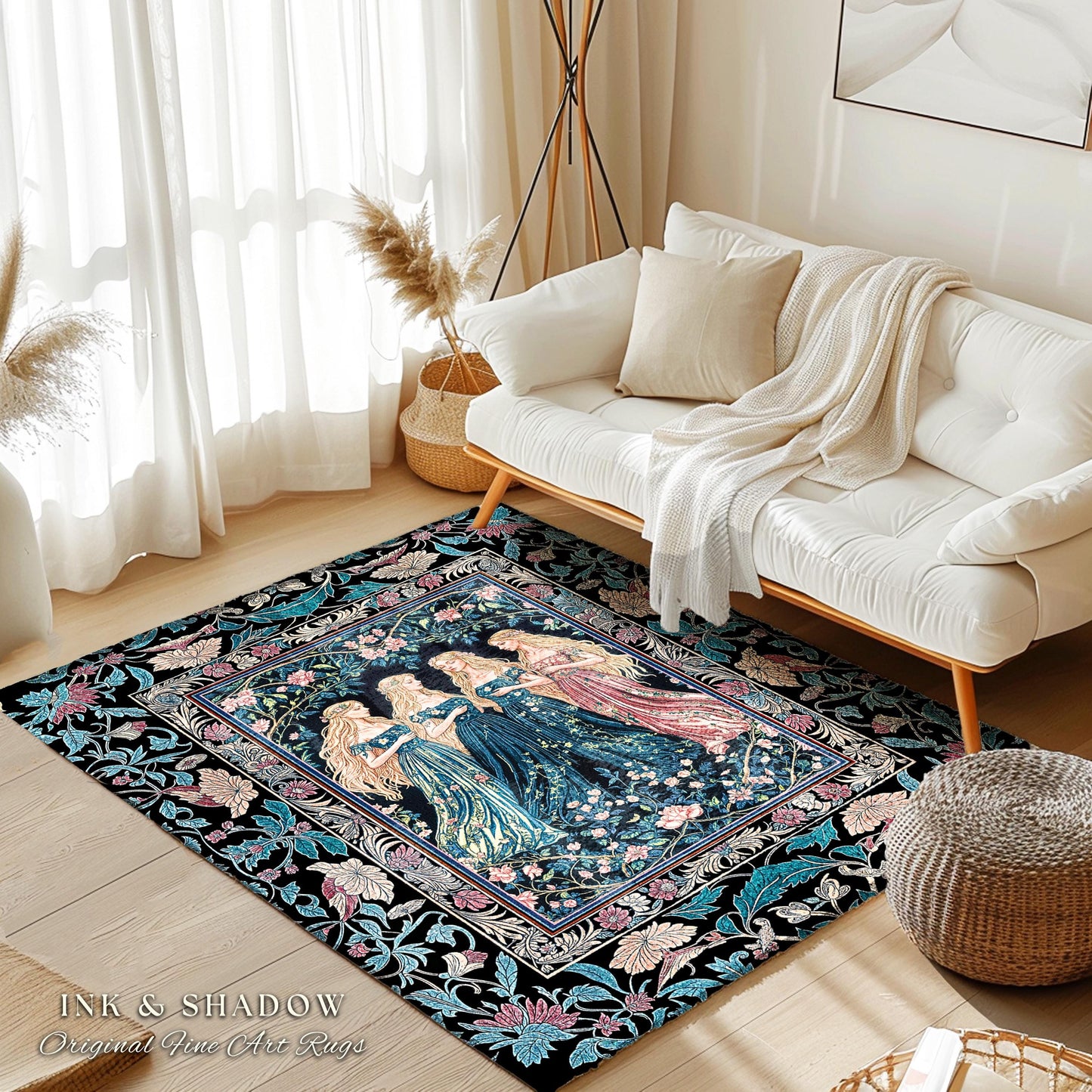 Rustic Medieval Fairycore Witch Bedroom Rug | Celestial Sorceress Gothic Elegance Altar Rug Pastel Botanical Accent Folklore Aesthetic Style