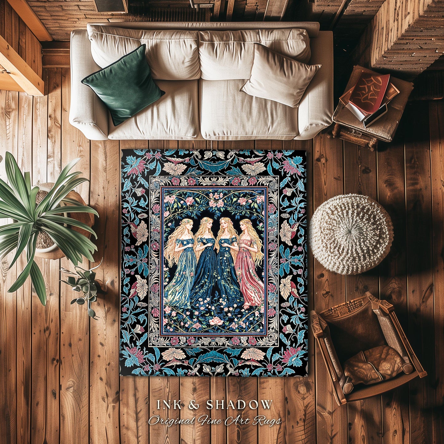 Rustic Medieval Fairycore Witch Bedroom Rug | Celestial Sorceress Gothic Elegance Altar Rug Pastel Botanical Accent Folklore Aesthetic Style