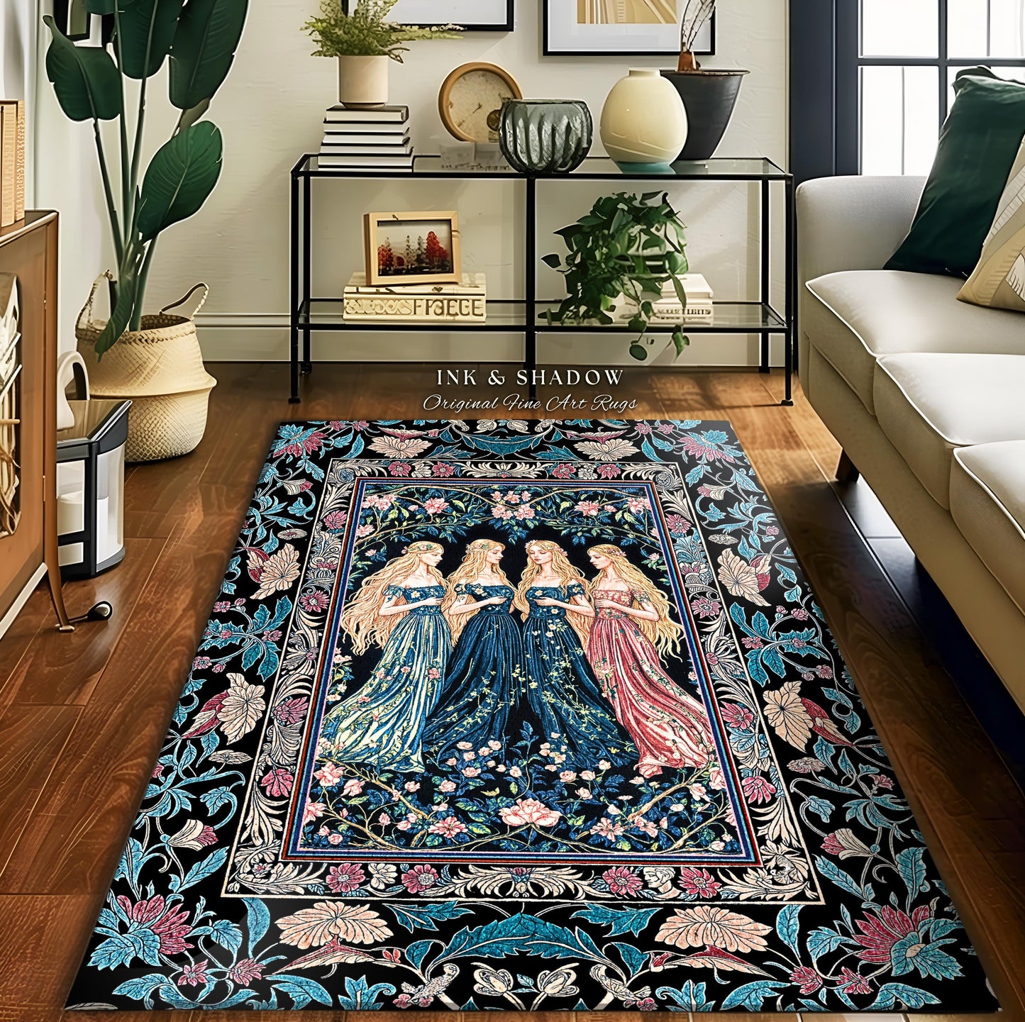 Rustic Medieval Fairycore Witch Bedroom Rug | Celestial Sorceress Gothic Elegance Altar Rug Pastel Botanical Accent Folklore Aesthetic Style