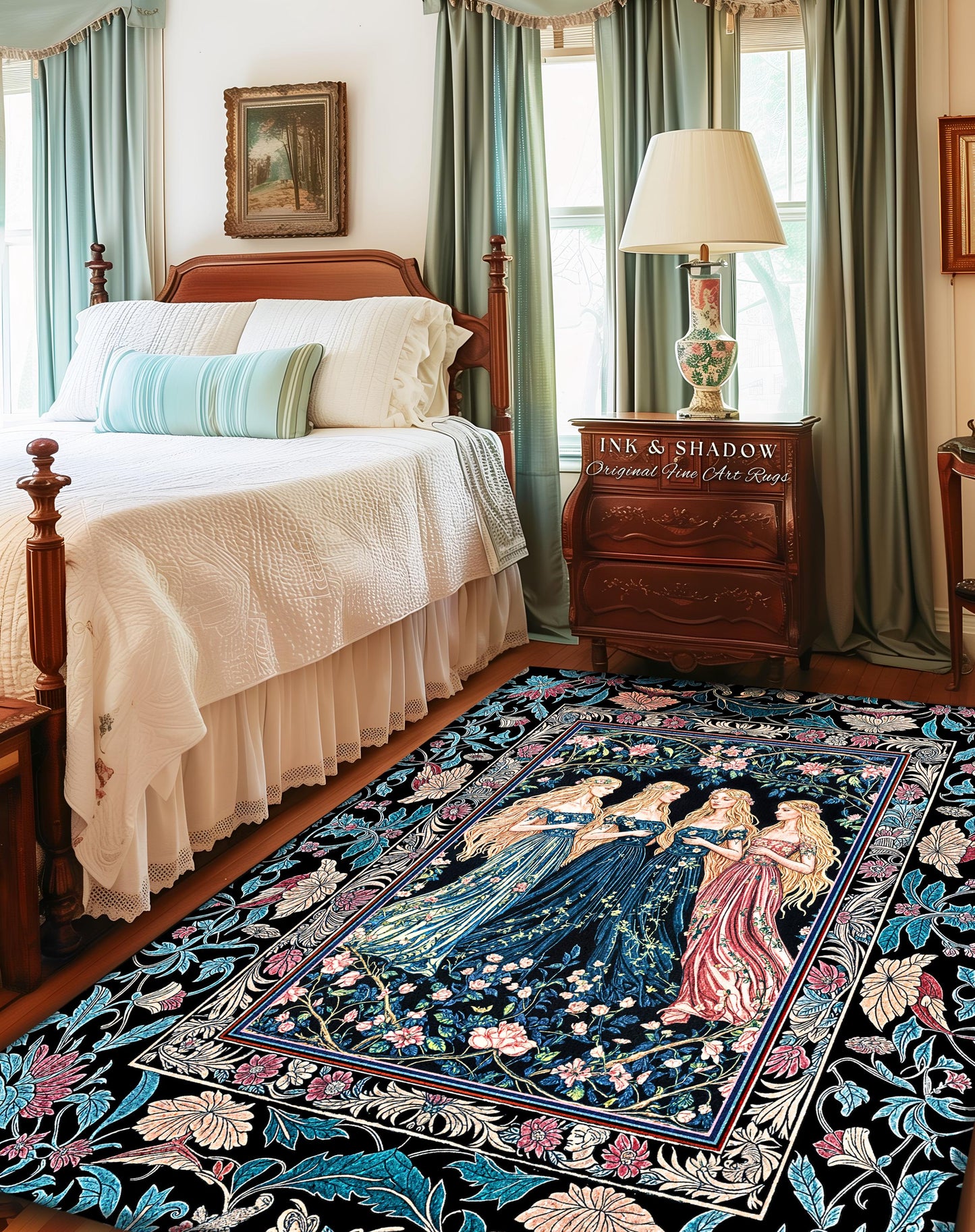 Rustic Medieval Fairycore Witch Bedroom Rug | Celestial Sorceress Gothic Elegance Altar Rug Pastel Botanical Accent Folklore Aesthetic Style