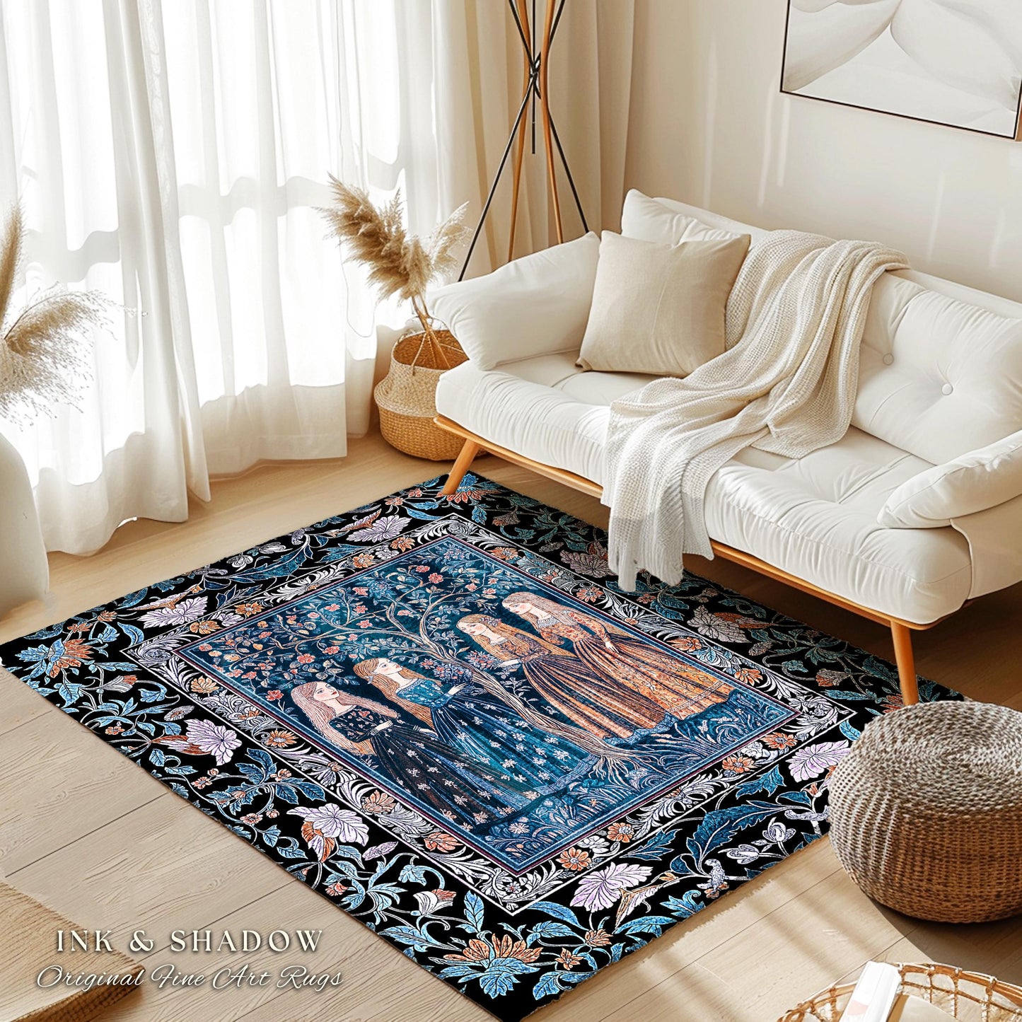 Enchanted Sisterhood Folklore Area Rug | Moody Bedroom Dark Enchantment Witchy Bedroom Accent Rug Mythical Aesthetic Folk Art Dreamy Decor |