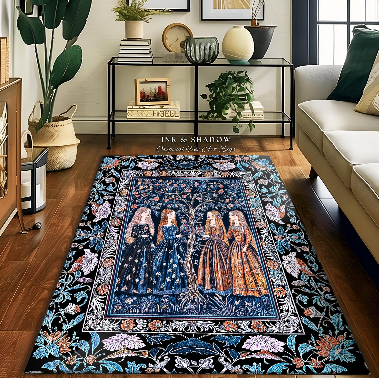 Enchanted Sisterhood Folklore Area Rug | Moody Bedroom Dark Enchantment Witchy Bedroom Accent Rug Mythical Aesthetic Folk Art Dreamy Decor |