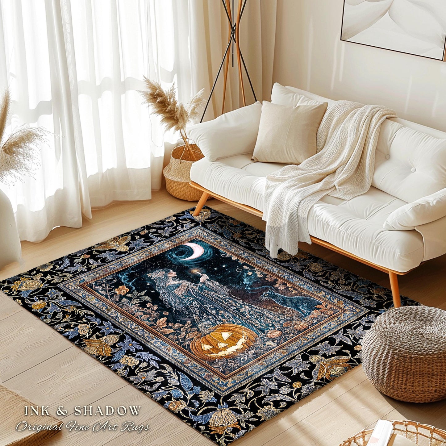 Moonlit Jack-o-lantern Witch Accent Rug | Enchanted Forest Baroque Maiden Pastel Folklore Black Cat Celestial Aesthetic Halloween Bedroom |