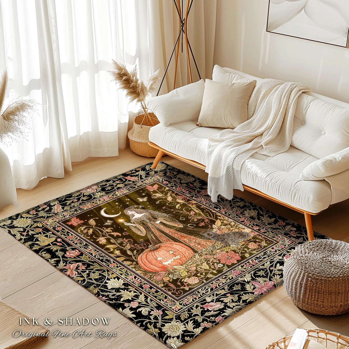 Midnight Sorcery Pumpkin Witch Rug | Medieval Aesthetic Bohemian Halloween Accent Rug Gothic Retro Halloween Style Folklore Black Cat Decor